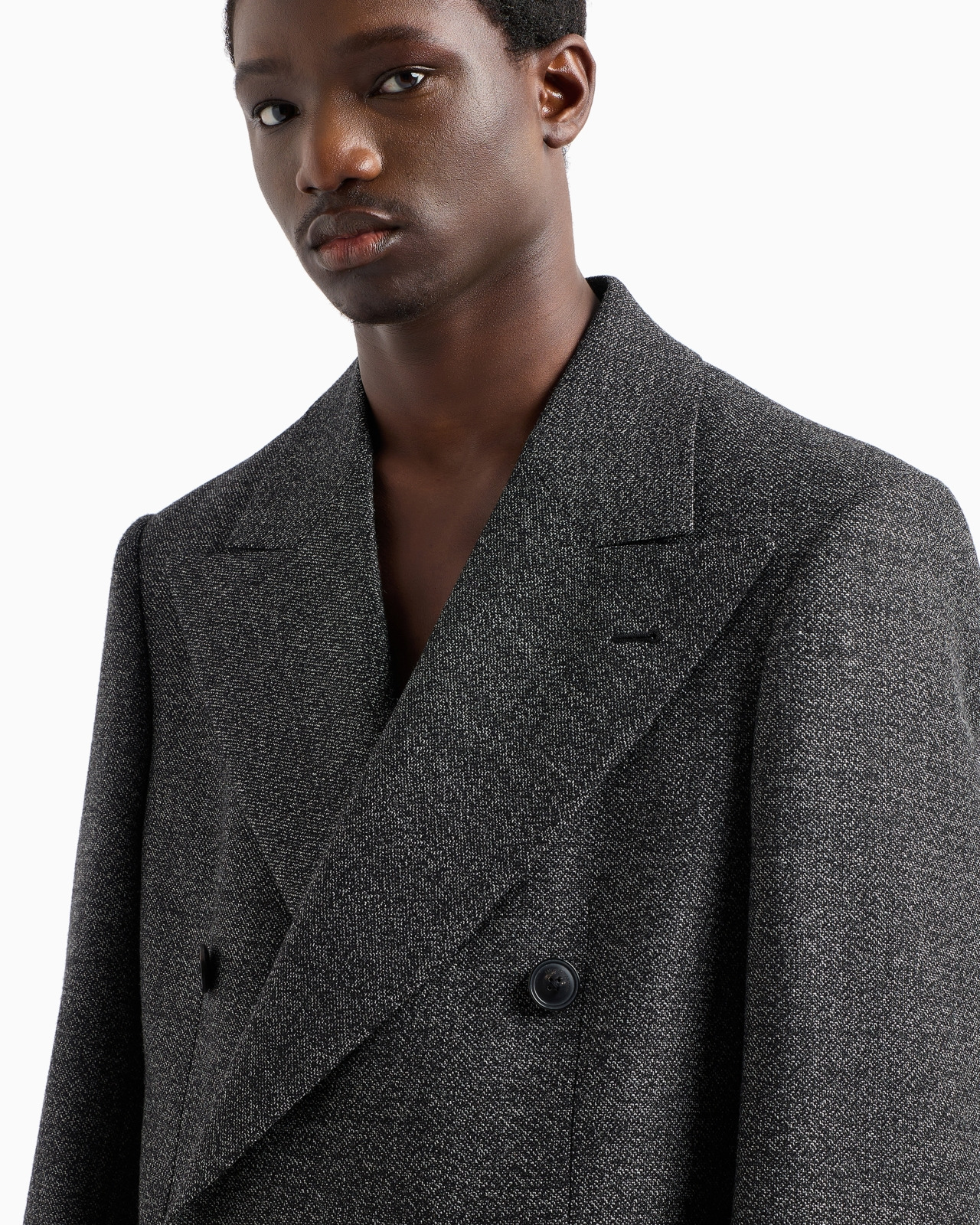 Long double-breasted coat in a compact grisaille of heavy mouliné wool - 5