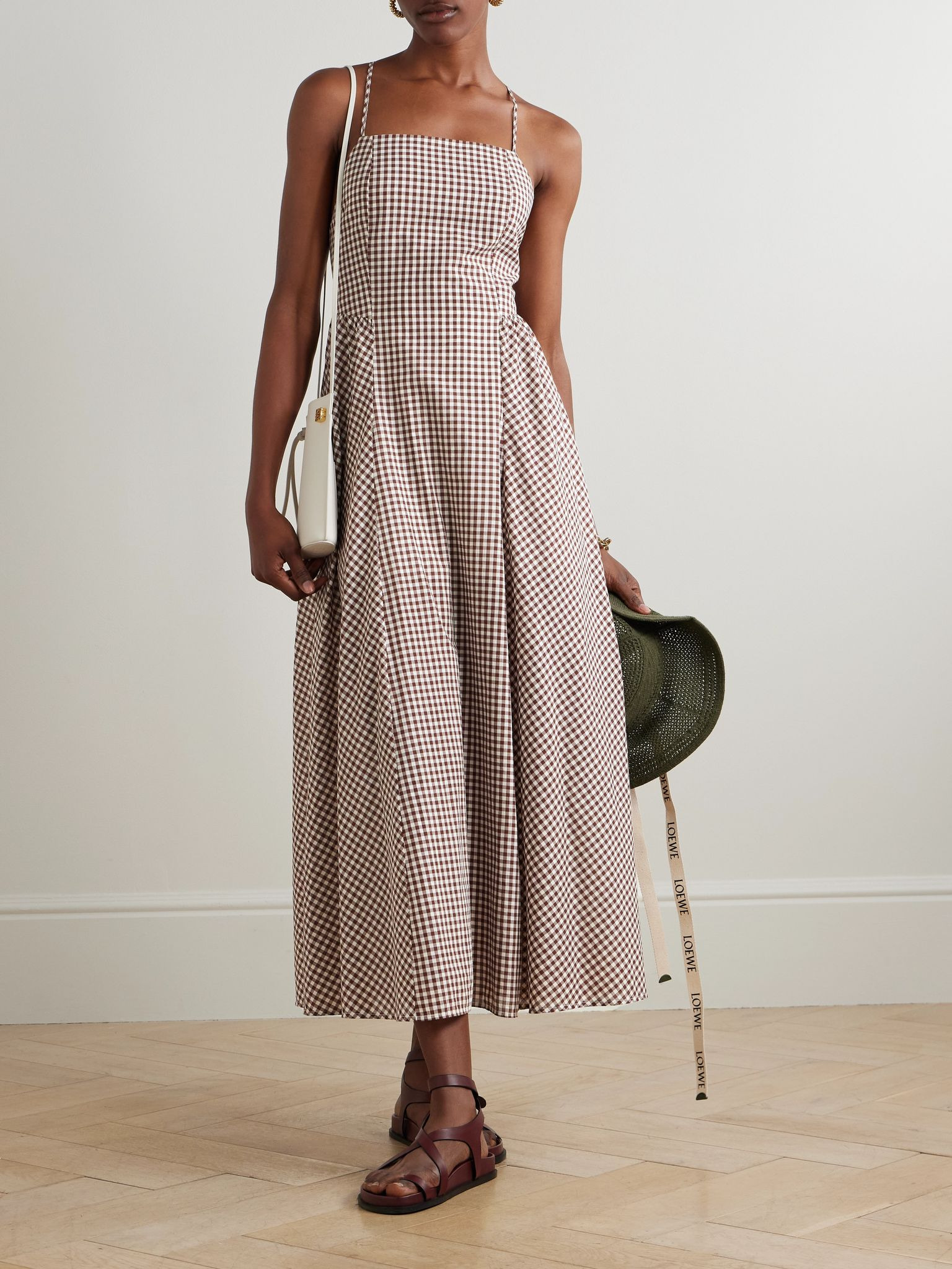 Callie pleated gingham cotton-voile midi dress Light brown - 2