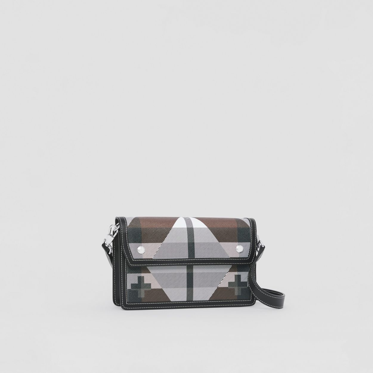 Geometric Check and Leather Crossbody Bag - 7