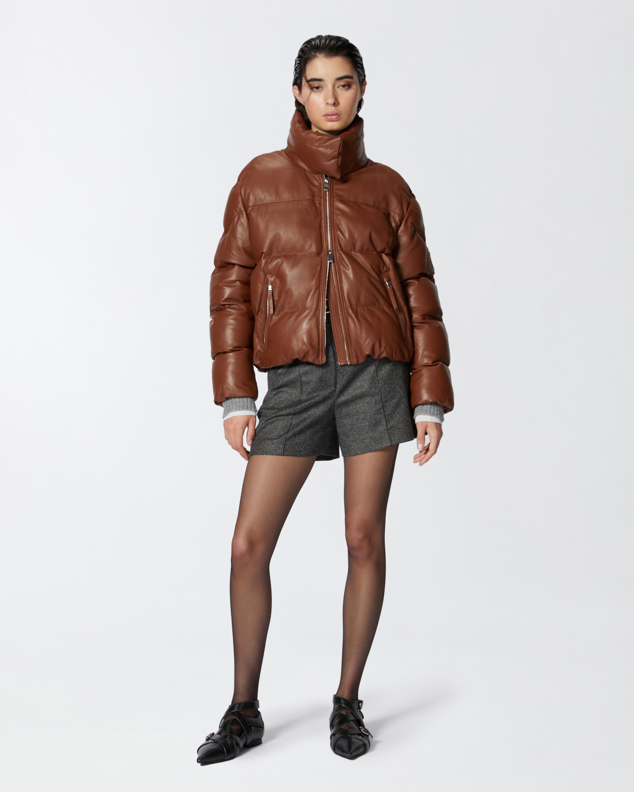 SHORT PADDED LEATHER HIGH-NECK JACKET - 3