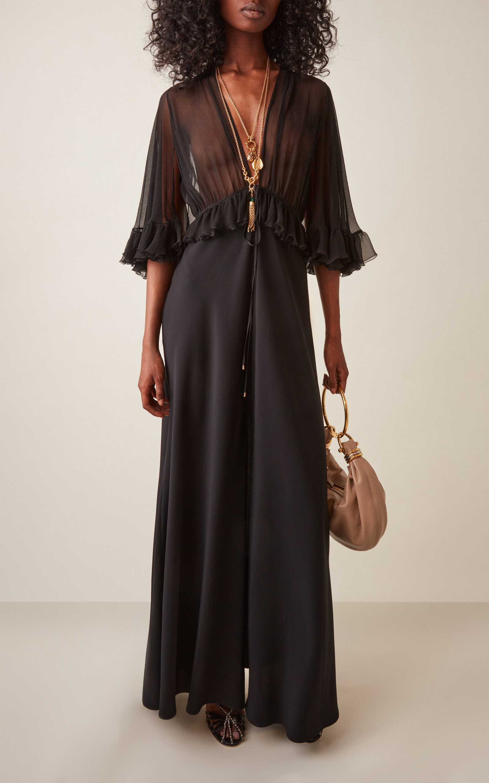 Ruffled Silk Crepe Maxi Dress black - 2