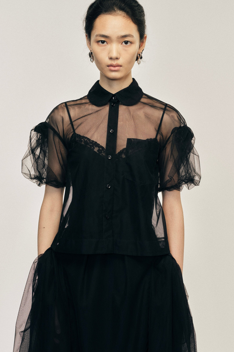Sheer Cropped Bow Puff Sleeve Shirt 1