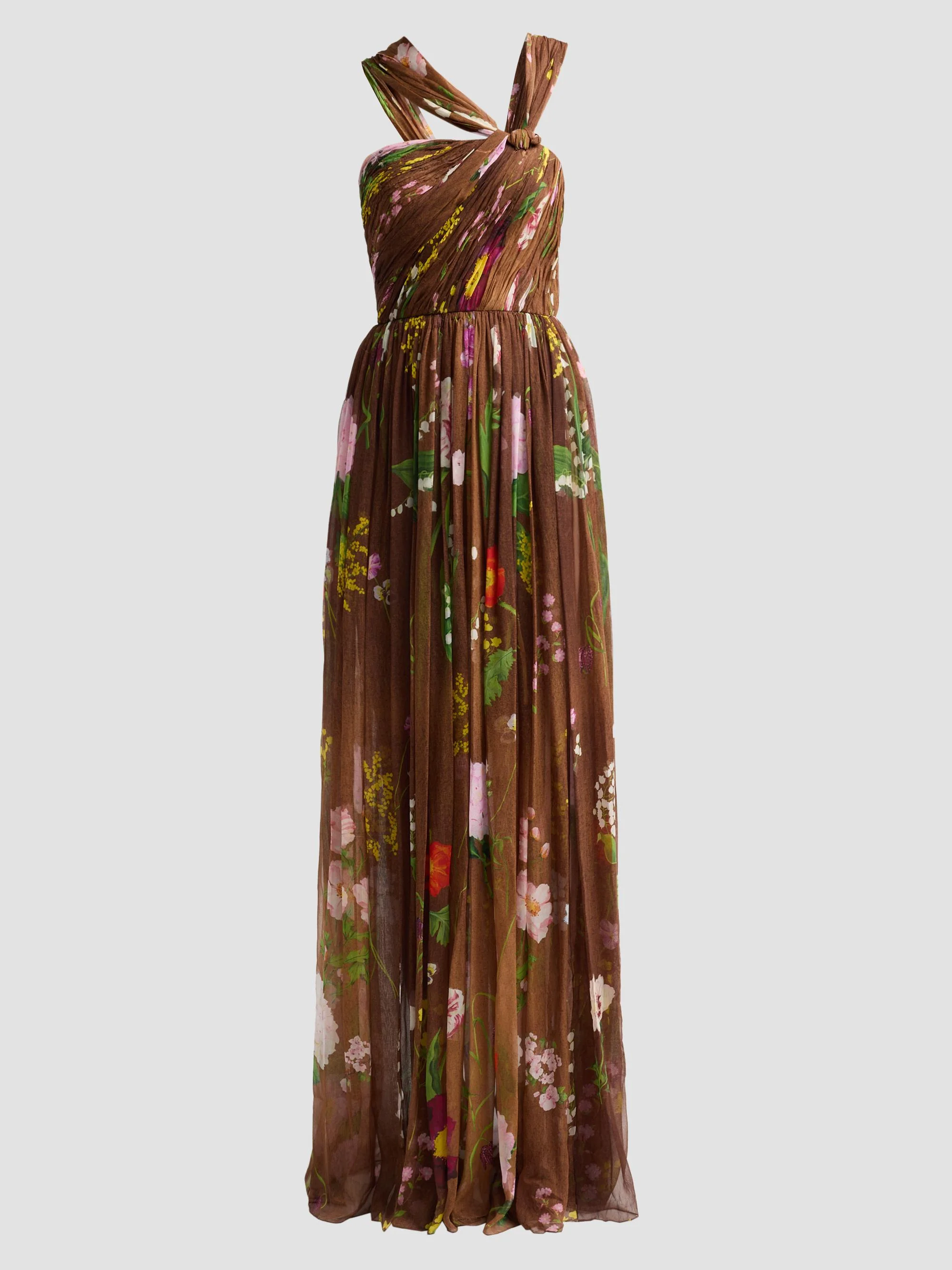 Women's Mixed Botanical Silk Chiffon Gown - Brown Multi - 1