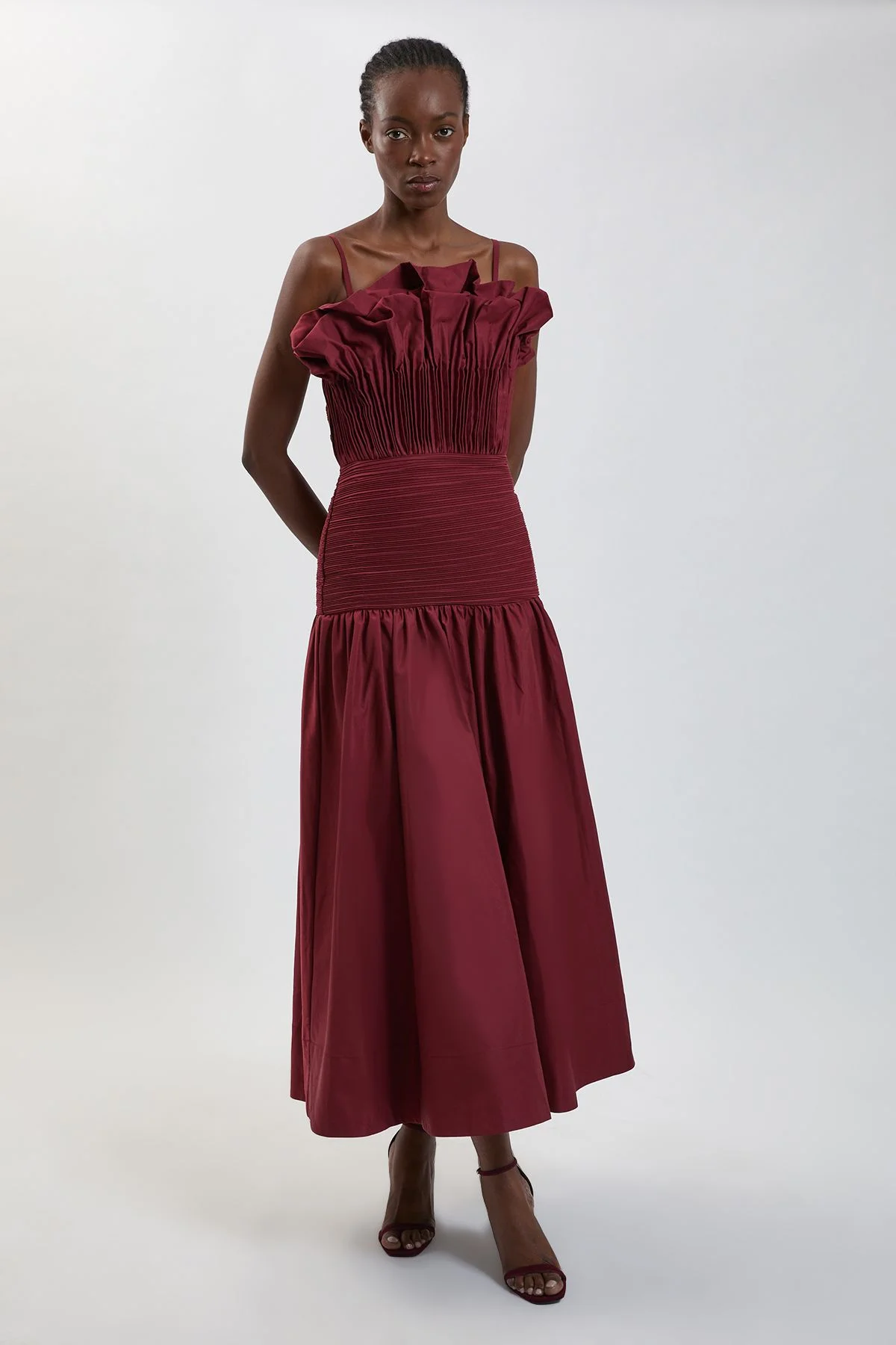 Taffeta Ruffle Detail Midi Dress - 1
