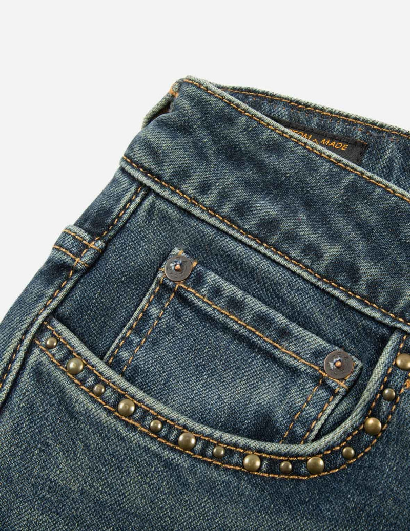 WASHED STUDS EMBELLISHED LOGO FLARE FASHION FIT JEANS 2