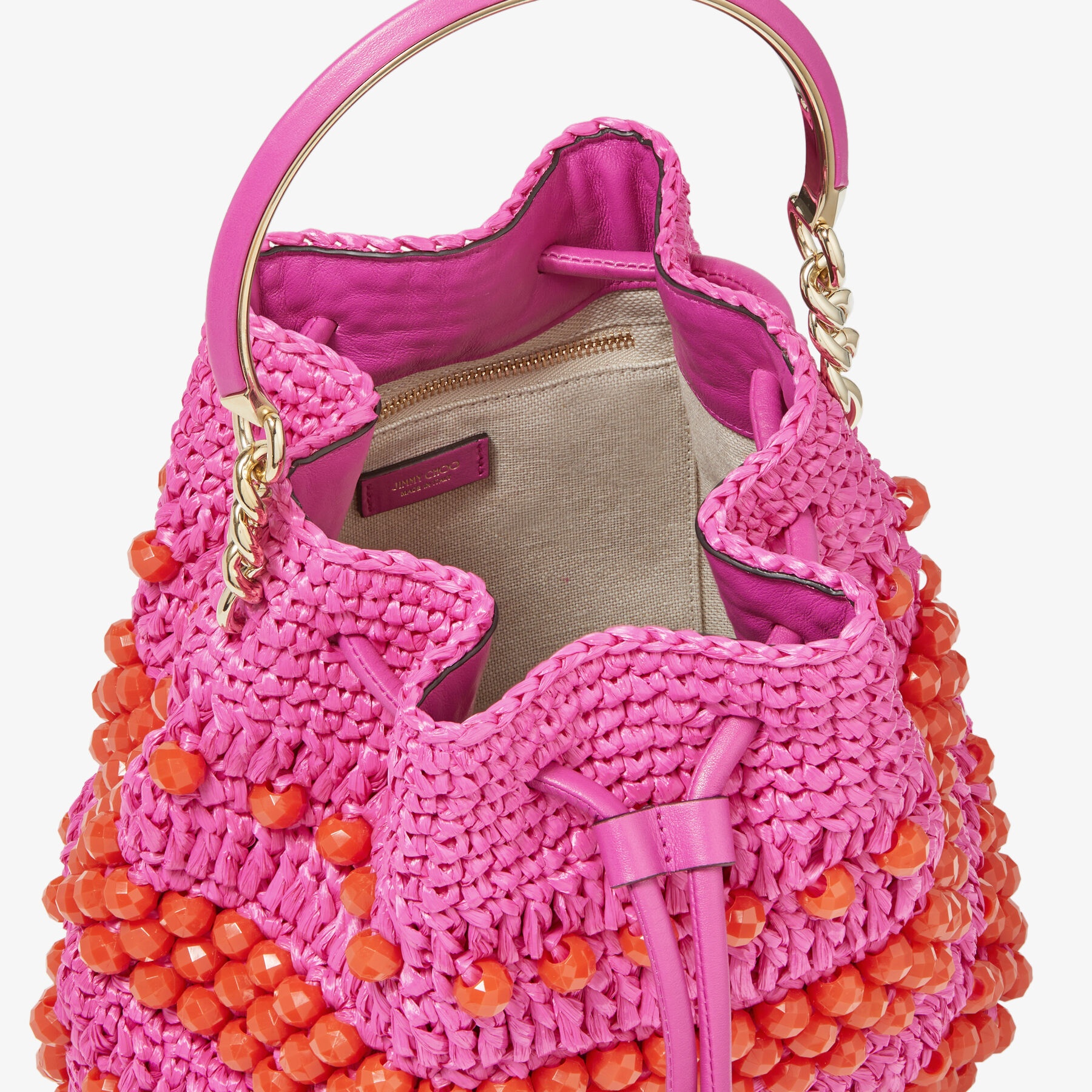 Bon Bon Bucket
Fuchsia Beaded Raffia and Smooth Leather Tote Bag - 3