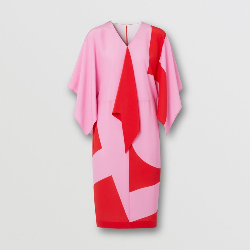 케이프 소매 기하학 인쇄 실크 Crepe de Chine 복장 1