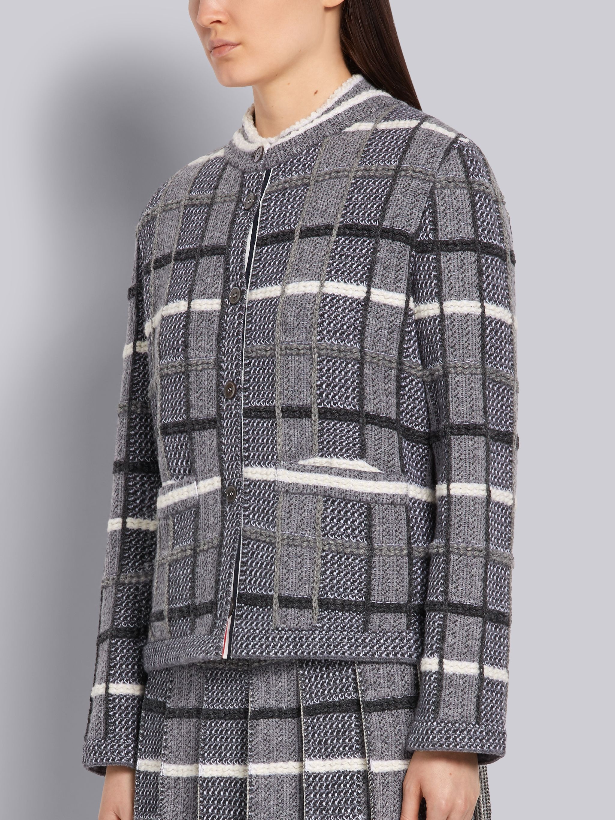 Tonal Grey Shetland Merino Wool Check Jacquard Inlay Crewneck Jacket - 2