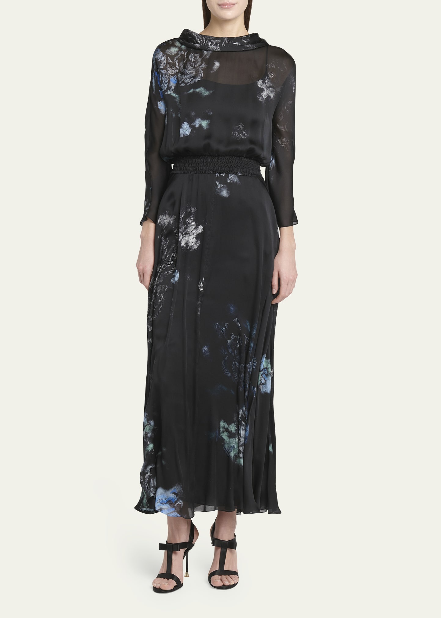 Floral Print Silk Gown with Smocked Waist - 2