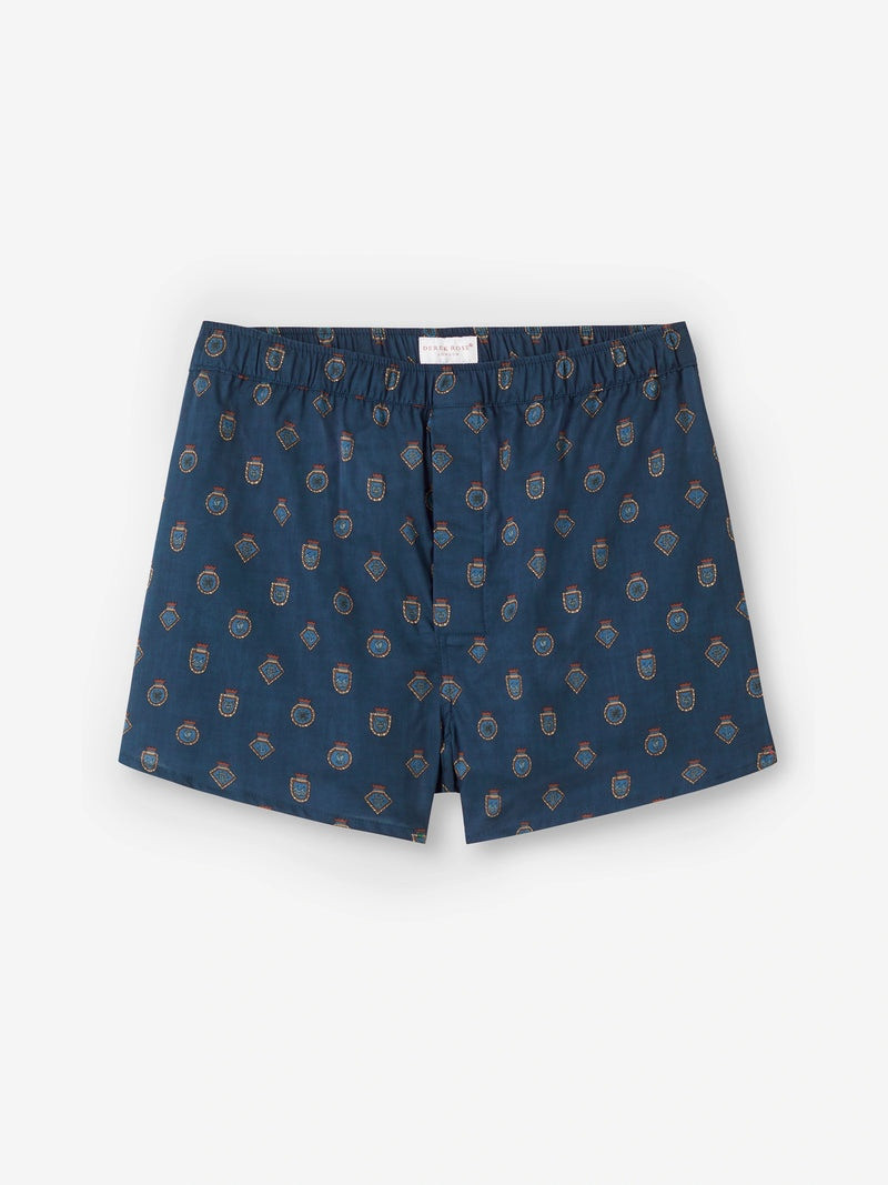 Derek Rose Men's Modern Fit Boxers Cotton Batiste Navy Badge Print outlook