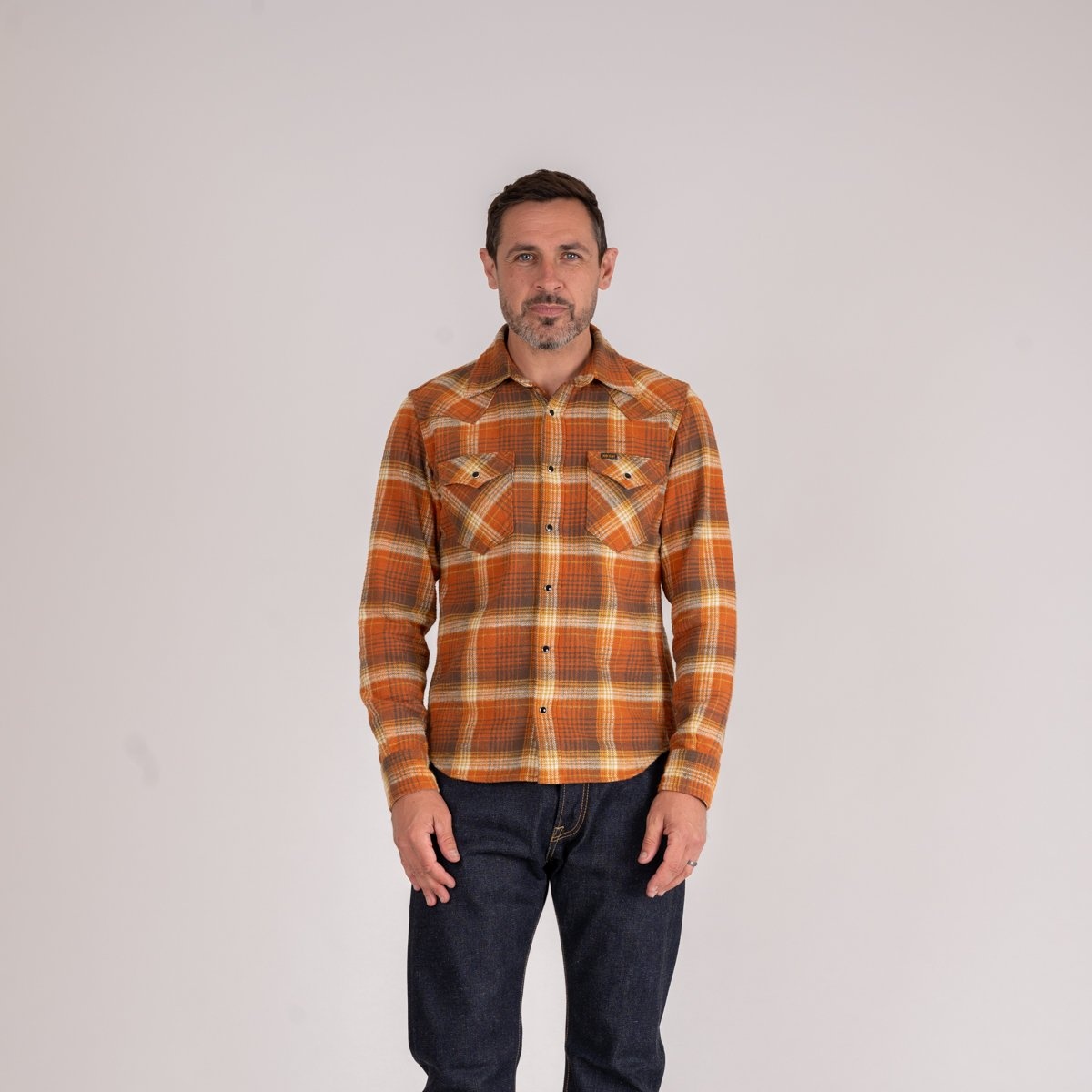 IHSH-399-ORA 12oz Slubby Heavy Flannel Check Western Shirt - Orange - 2