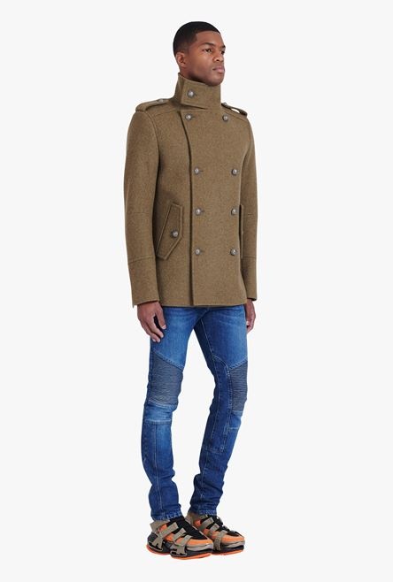 Light khaki wool military pea coat with double-breasted silver-tone buttoned fastening - 7