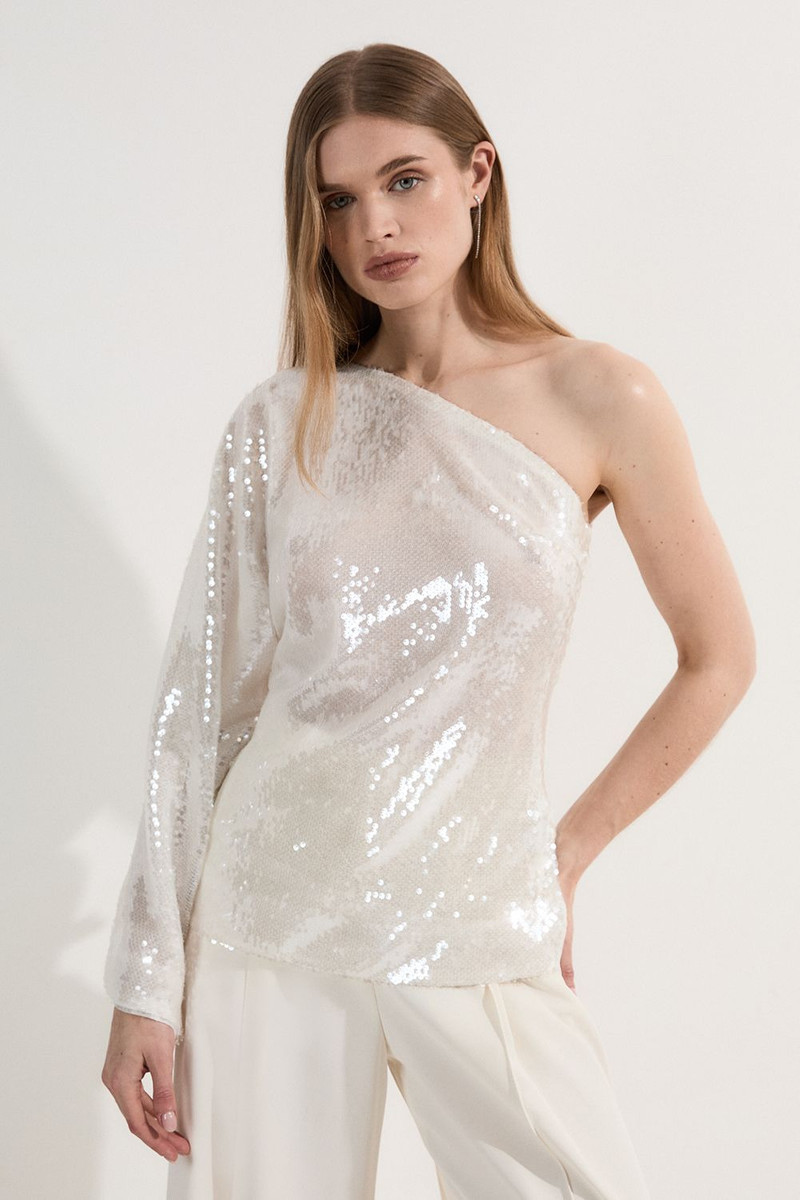 Liquid Shine One Shoulder Woven Sequin Blouse 3