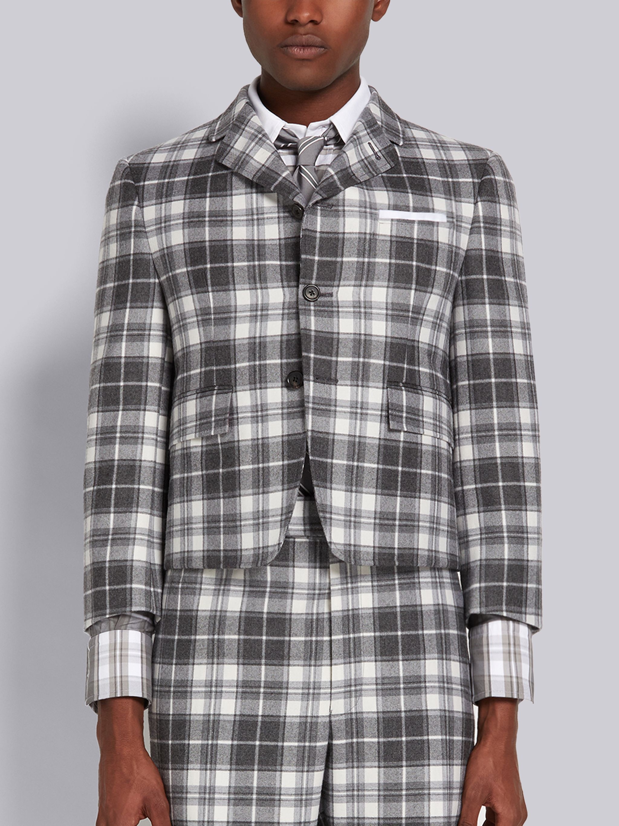 Medium Grey Tartan Check Wool Flannel Suiting Round Collar High Break Sport Coat - 1