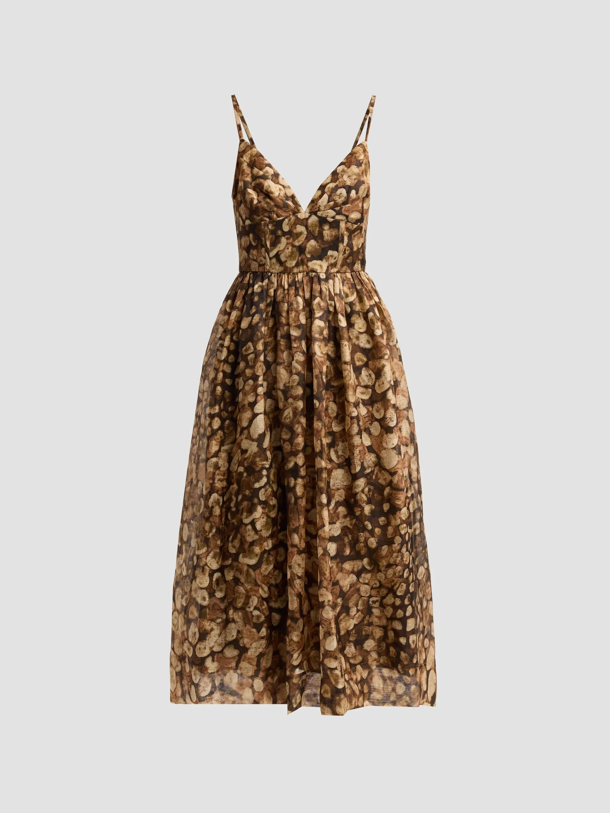 Women's Miro Printed Linen-Silk Midi Dress - Galets Brown - 1