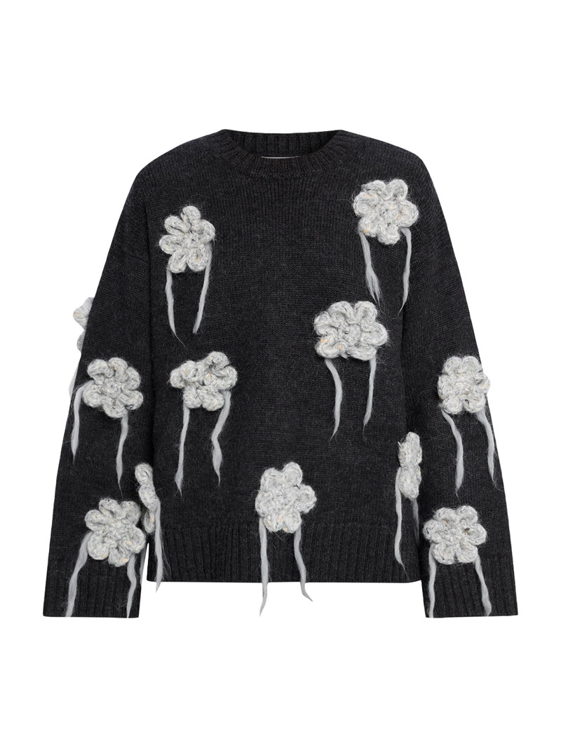 Women's Floral Crochet Crewneck Sweater - Black 1