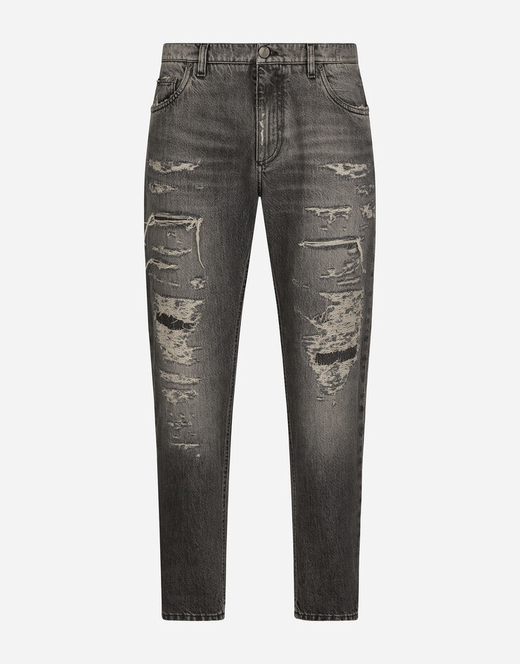 Loose gray jeans with repaired rips - 1
