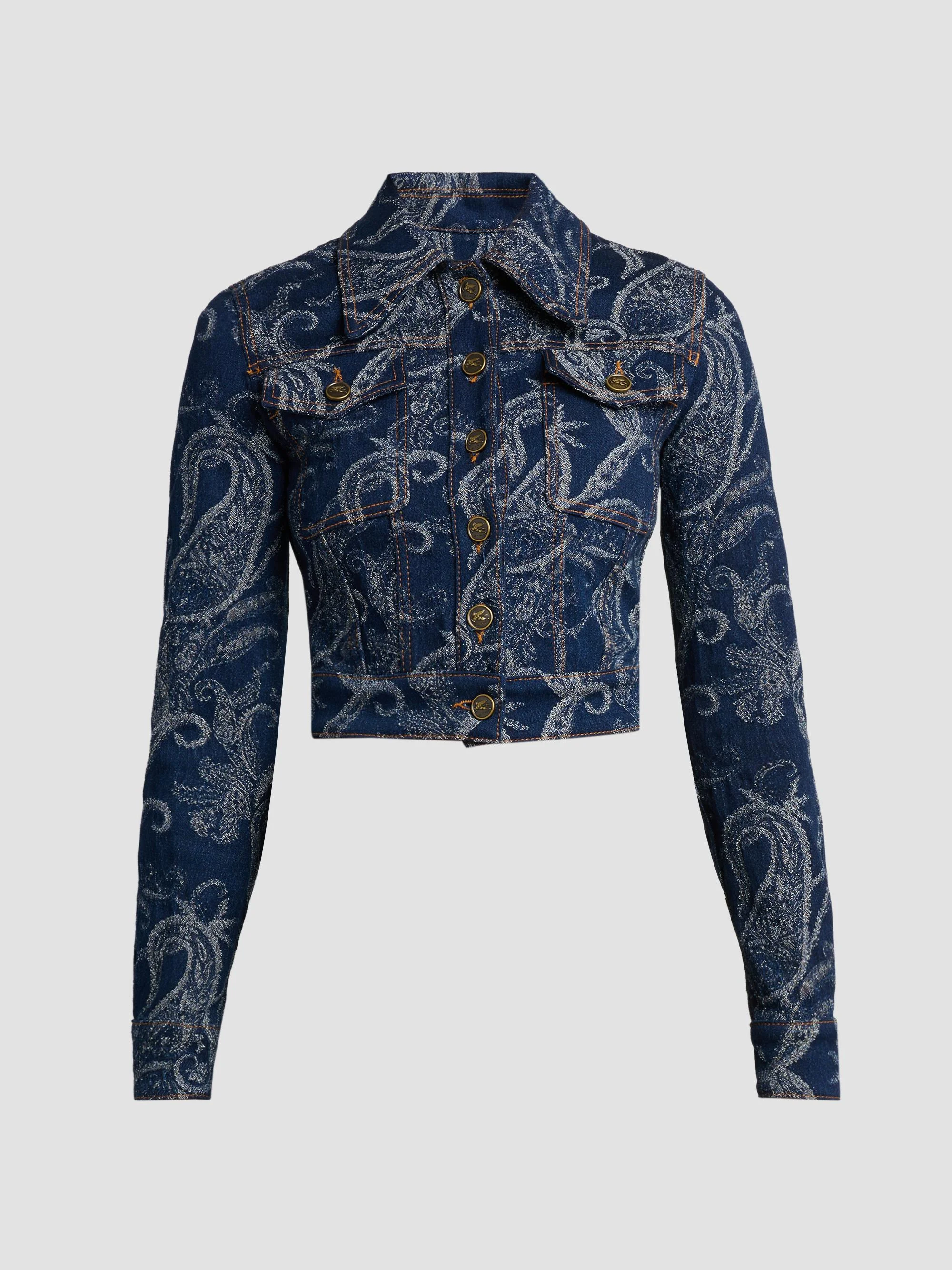 Women's Paisley Cotton-Blend Crop Denim Jacket - Denim Dark Blue - 1