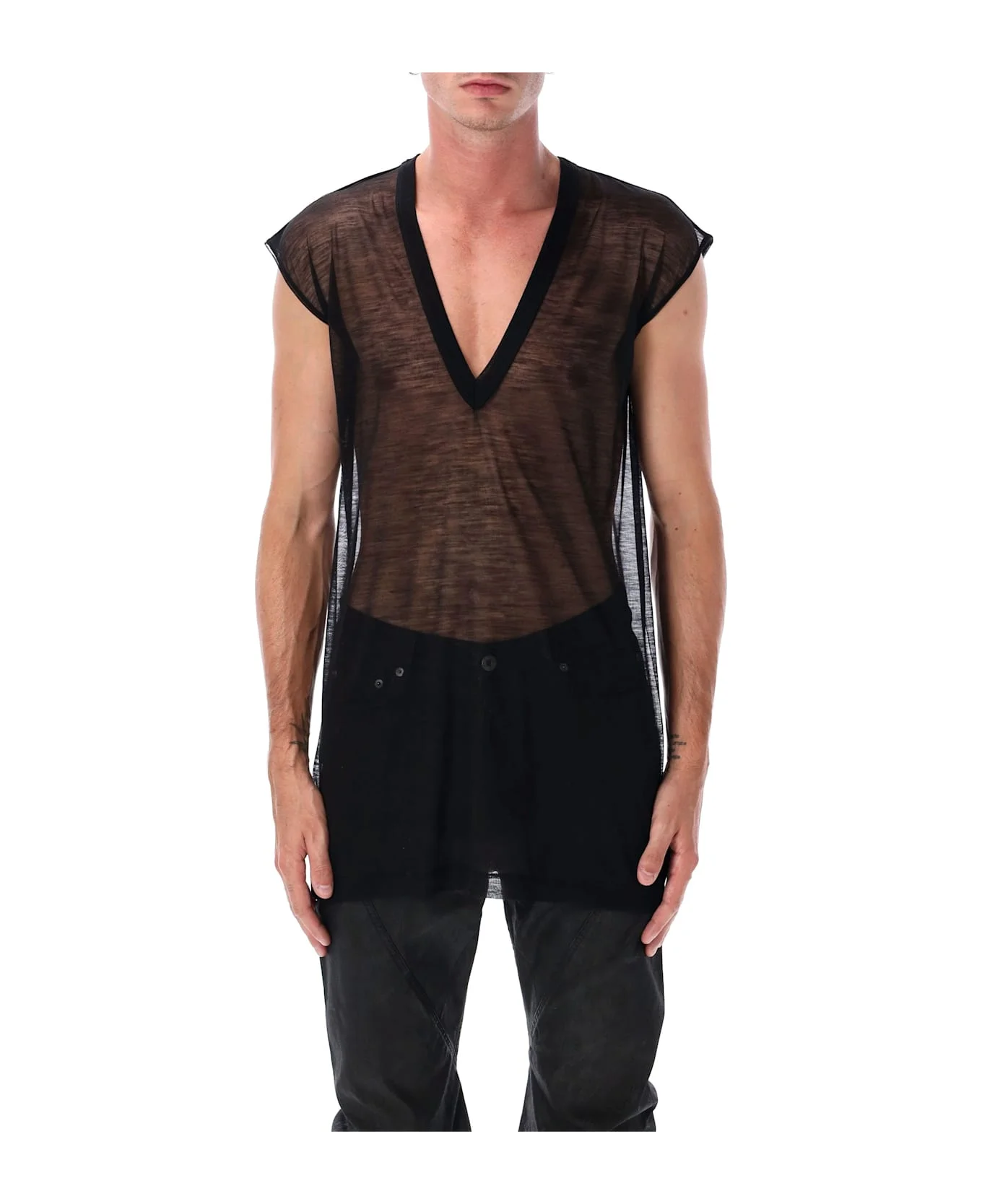 Rick Owens Black Sheer Wool Deep V Tank - 1