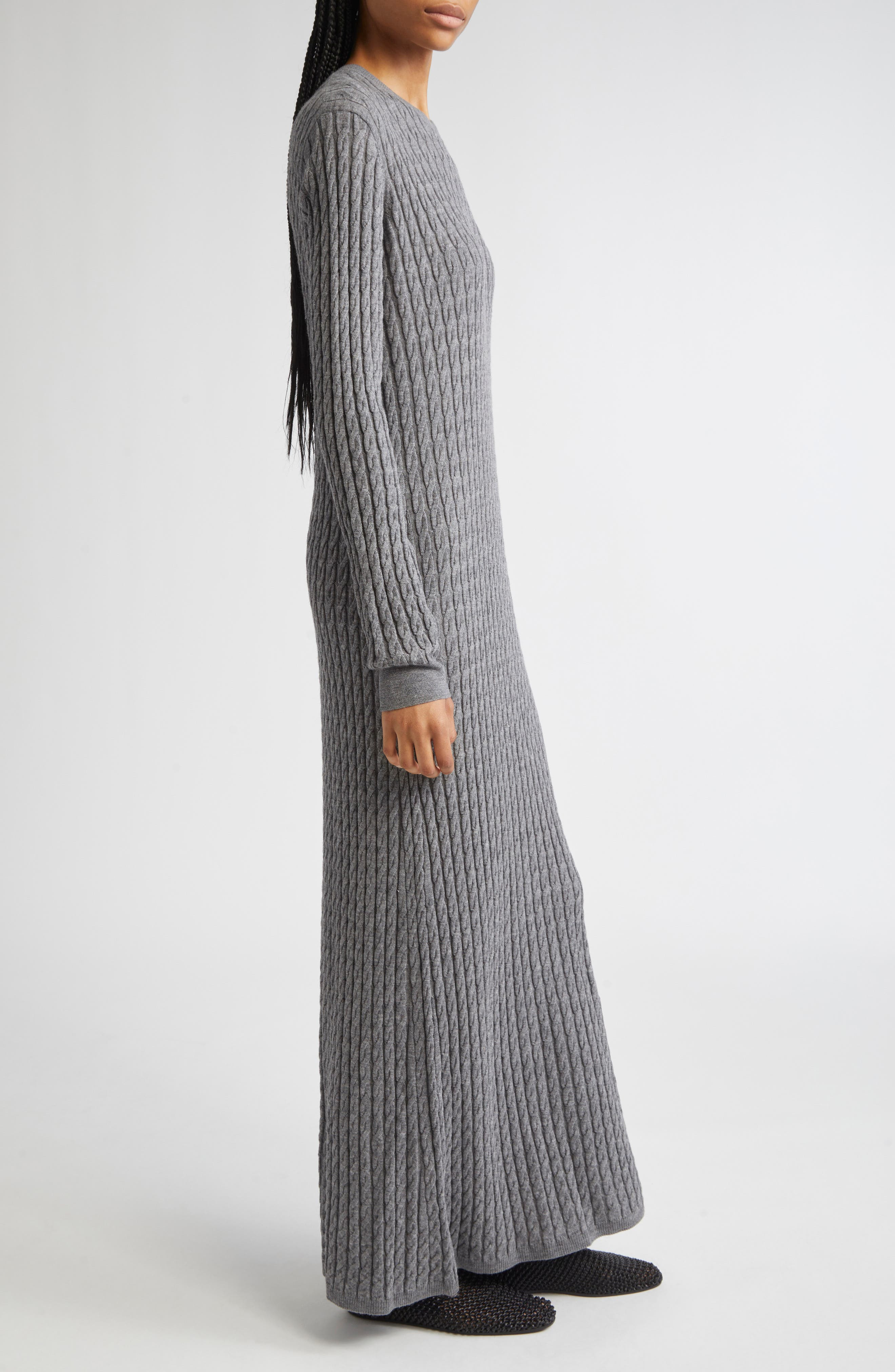 TOTEME Long Sleeve Cable Knit Wool Merino Wool Sweater Dress in Grey Melange at Nordstrom - 3