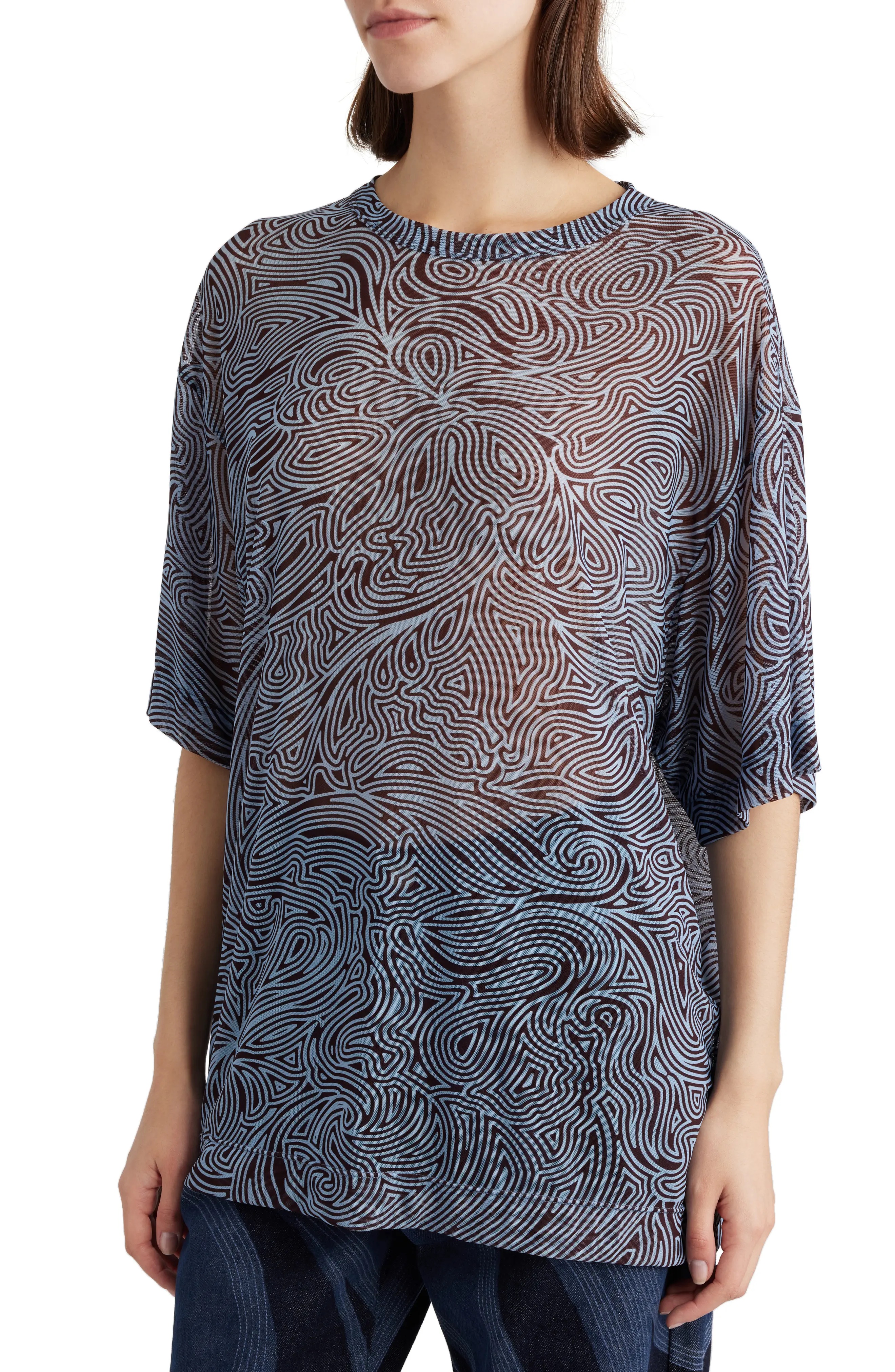 Abstract Print Sheer Mesh Top - 5