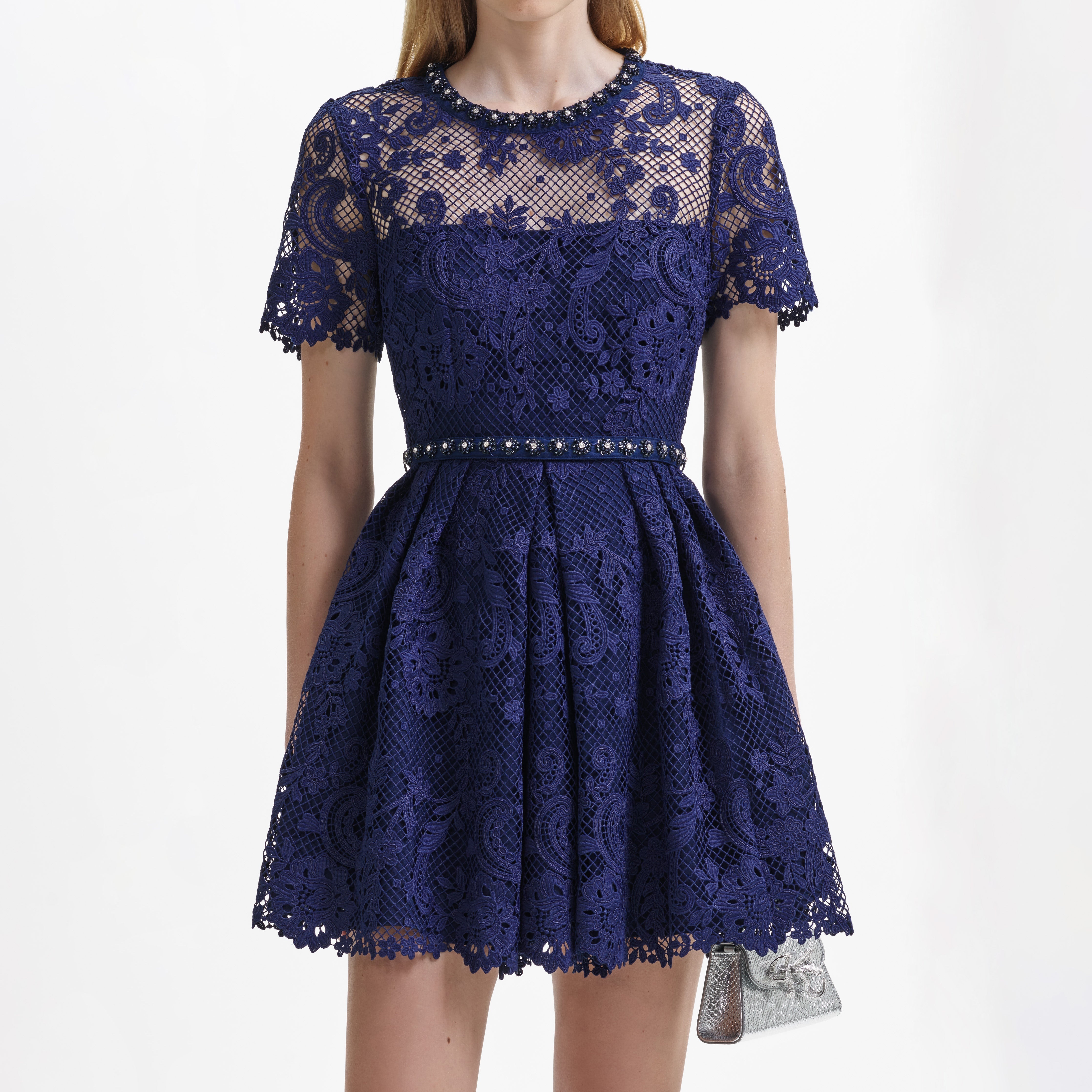 chinese dress ladies Blue Crepe Lace Midi Dress