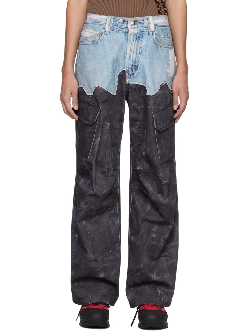 Blue & Black Printed Denim Cargo Pants - 1