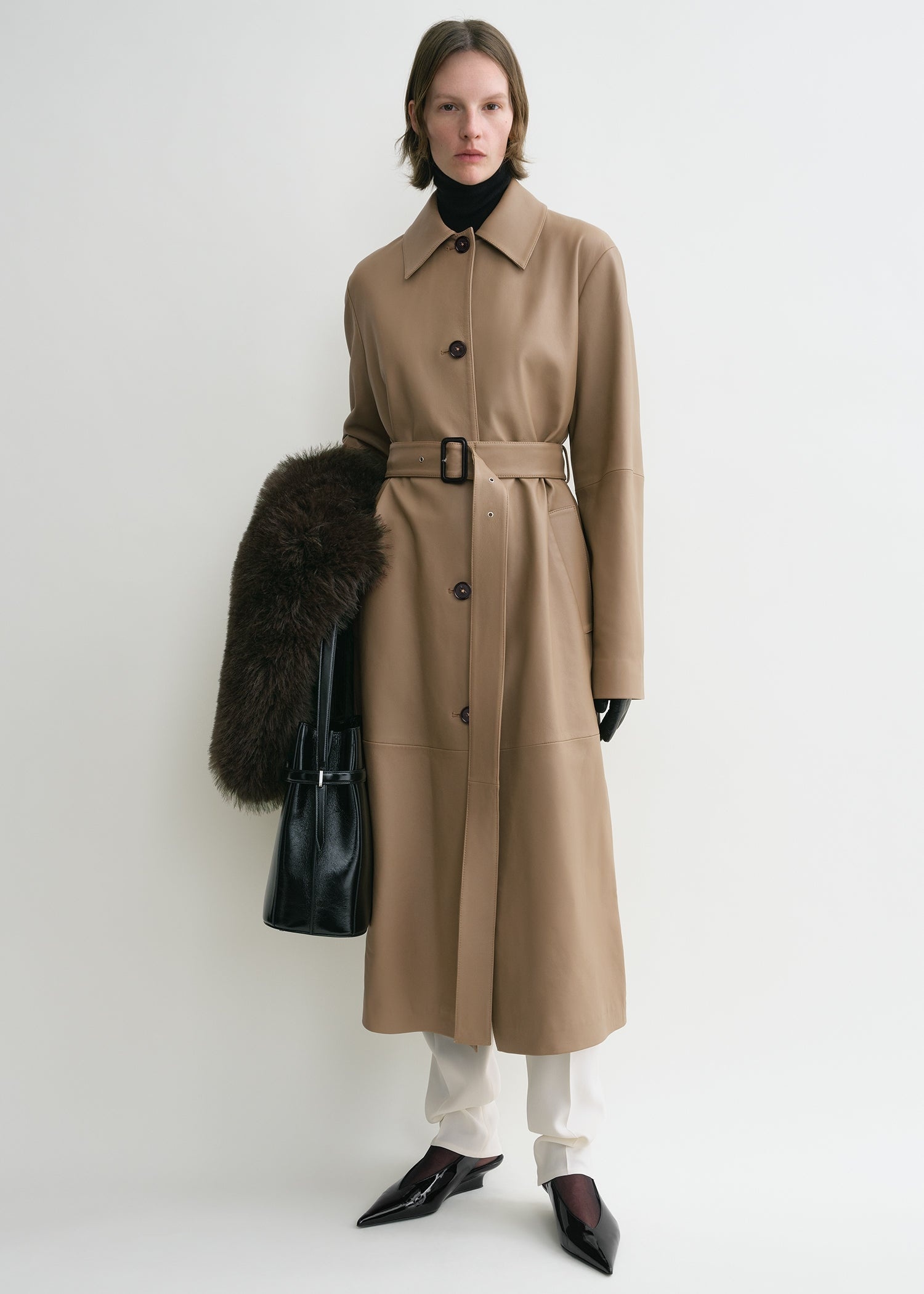 Belted leather coat truffle - 2