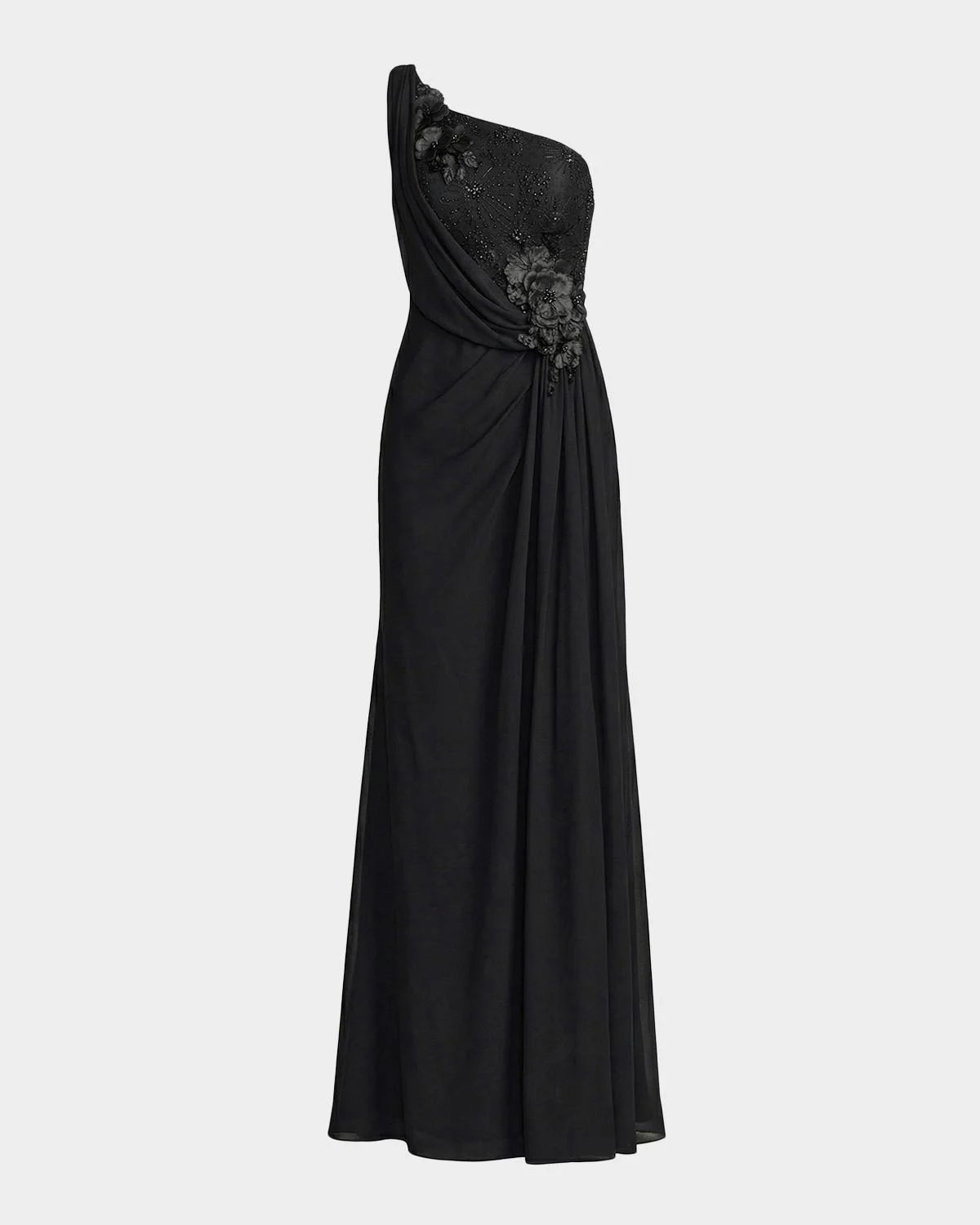 Draped One-Shoulder Beaded Jersey Gown - 1