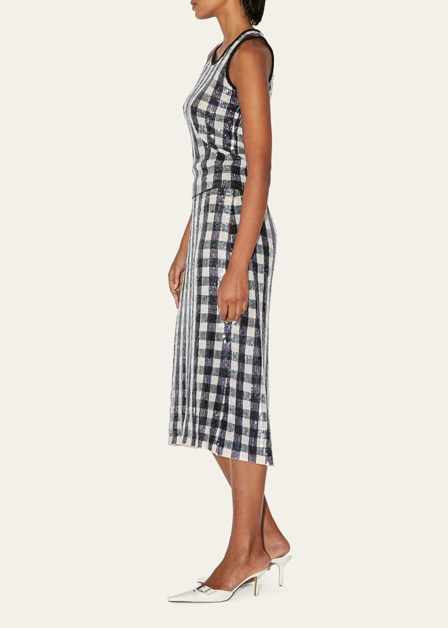 Simone Gingham Sequined Wool Midi Skirt - 4