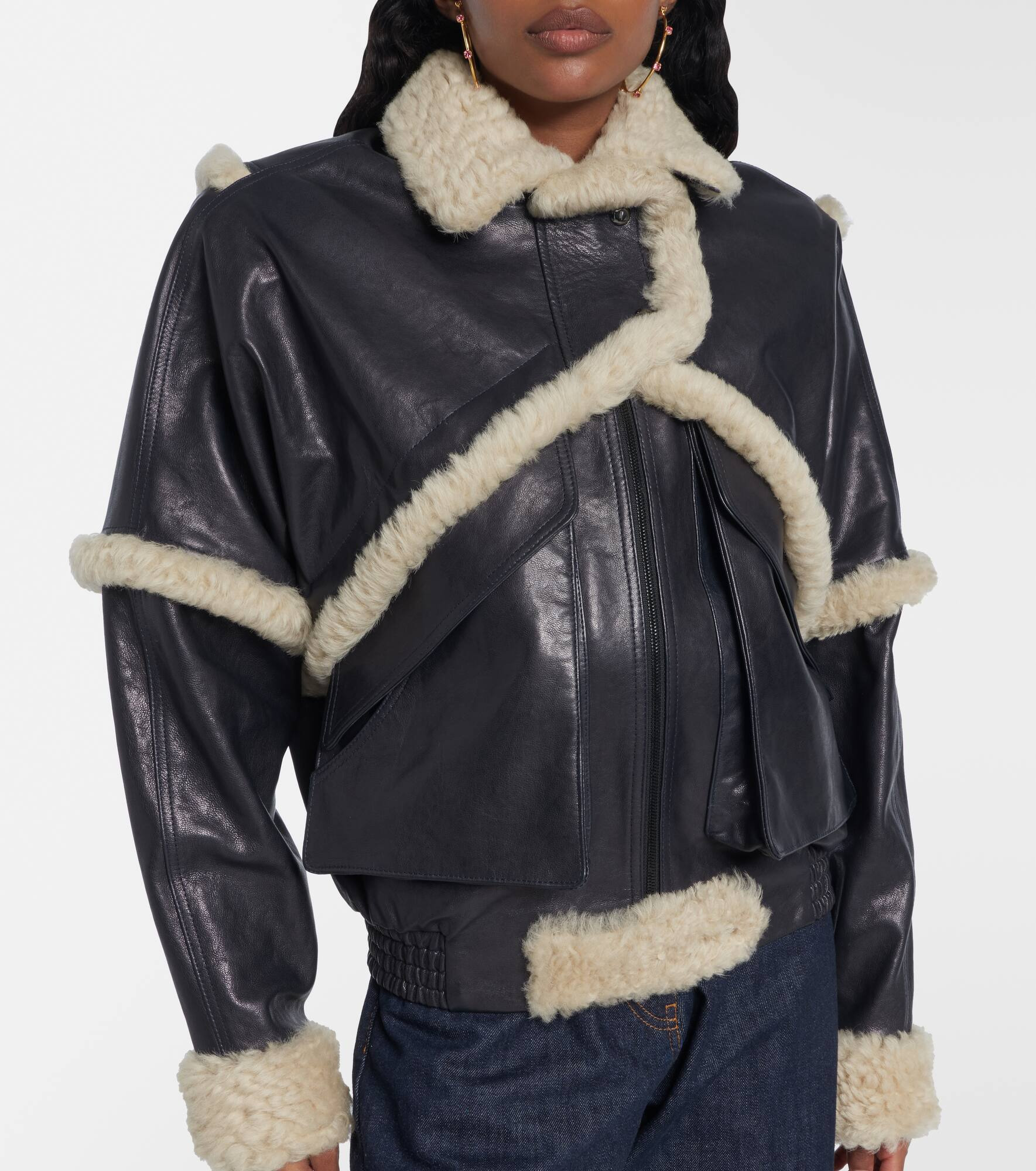 Shearling-trimmed leather bomber jacket - 4