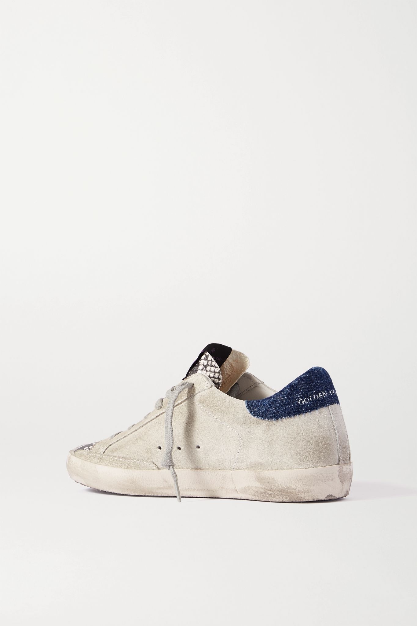 Superstar denim-trimmed distressed snake-effect leather and suede sneakers - 3