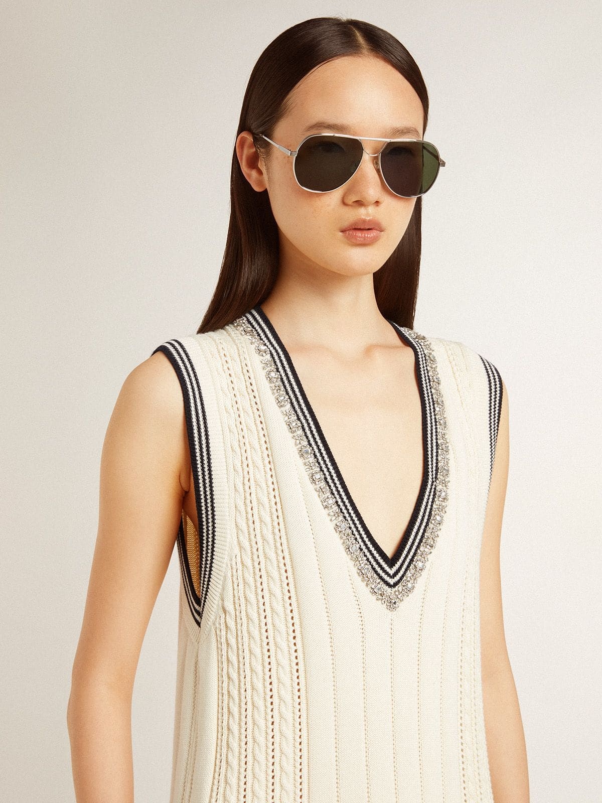 Women's worn-white cotton vest dress with dark blue ribbing and crystals - 5