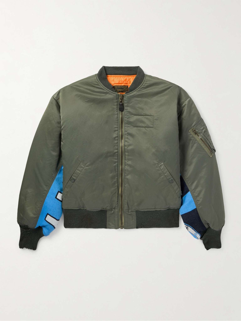 Distressed Padded Jacquard-Panelled Nylon Bomber Jacket - 1