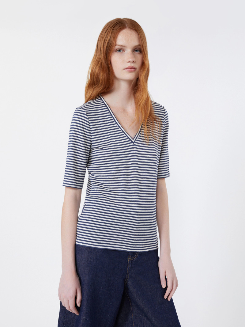 OPZIONE Stretch linen jersey V-neck T-shirt - ULTRAMARINE 5