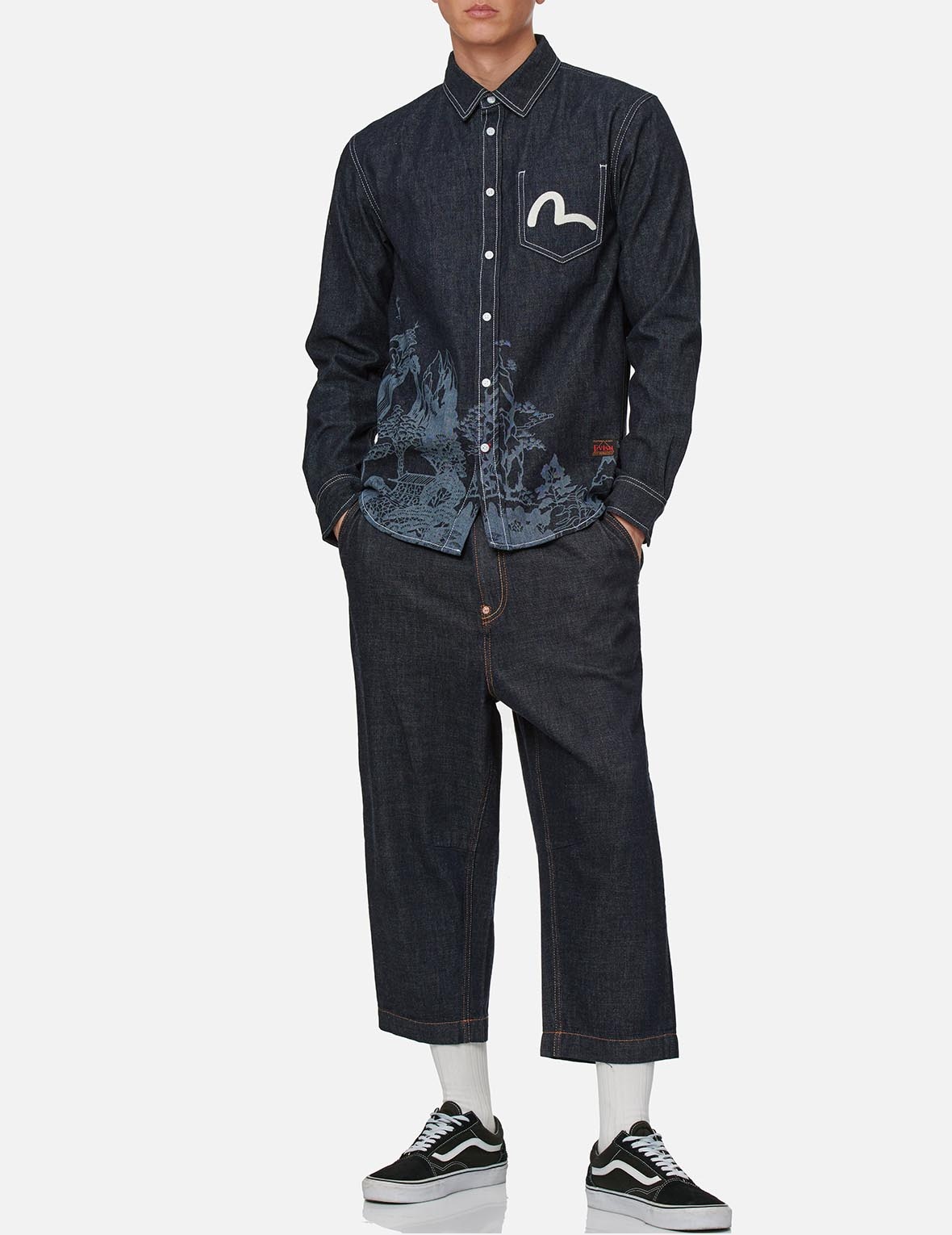 LANDSCAPE MOTIF DISCHARGED DENIM SHIRT - 5