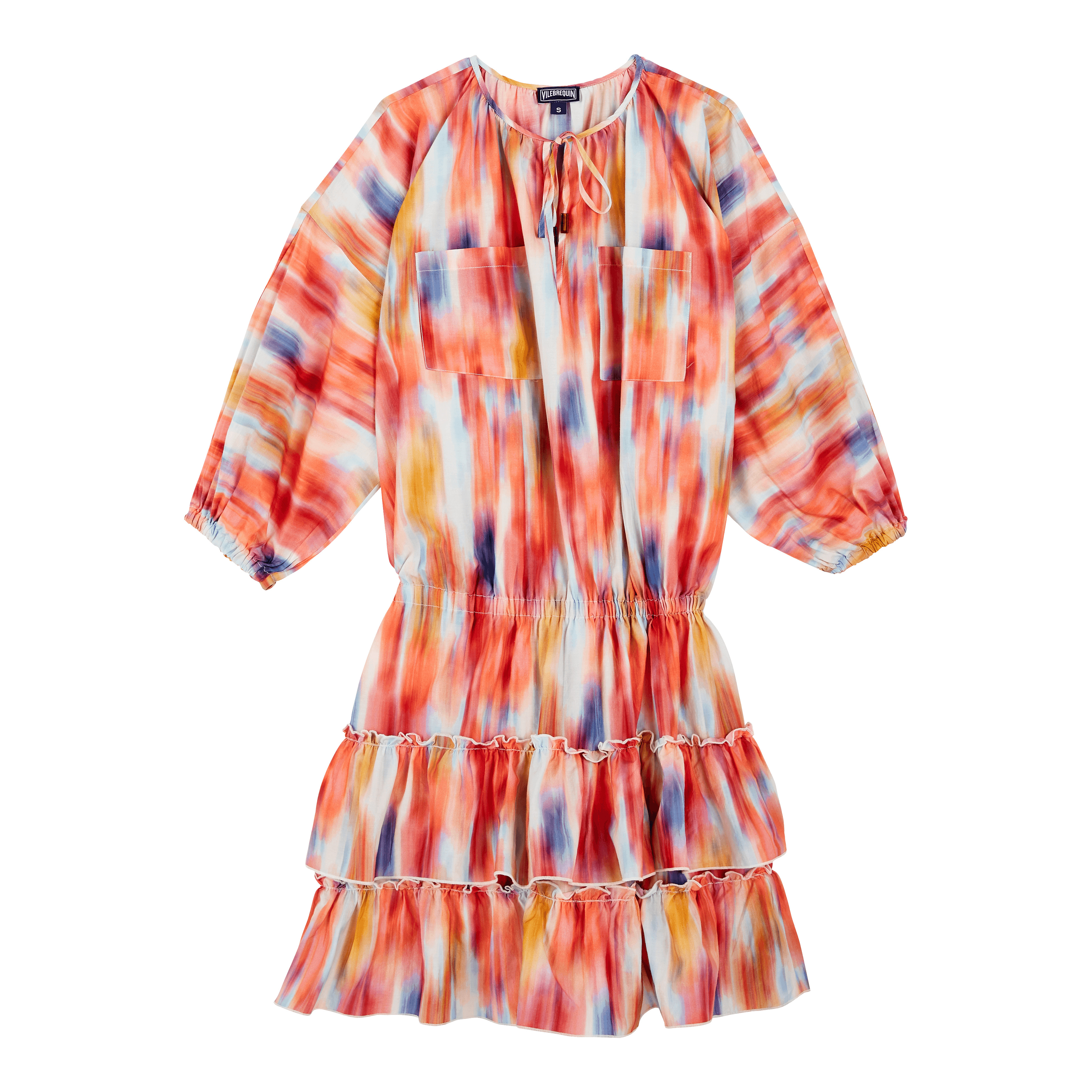 Women Ruffled Cotton Dress Ikat Flowers - 1