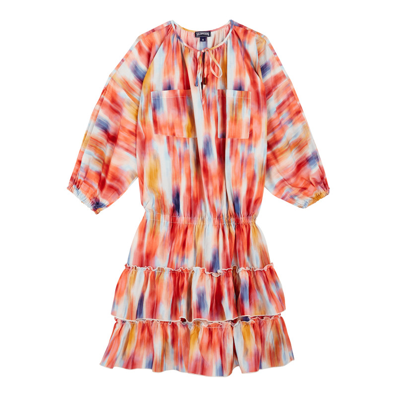 Women Ruffled Cotton Dress Ikat Flowers 1