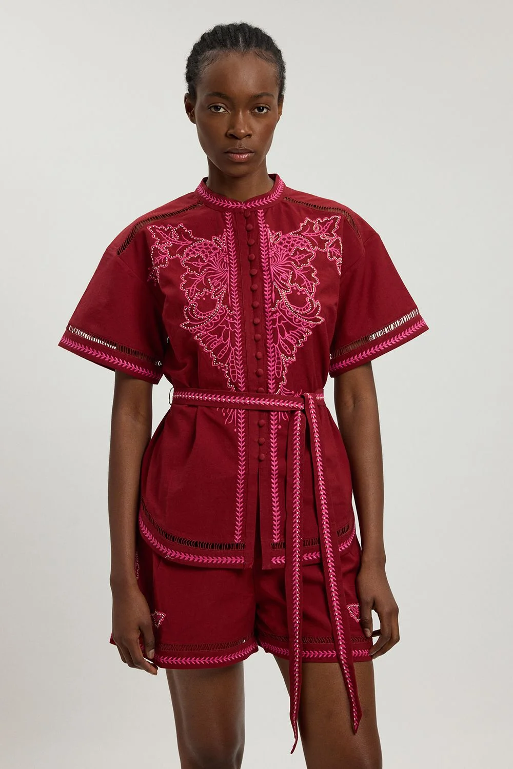 Linen Blend Beaded Embroidery Short Co ord - 1