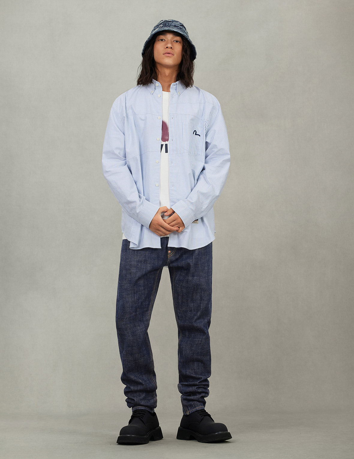 Deconstructed Seagull Embroidery Relax Fit Striped Shirt - 5