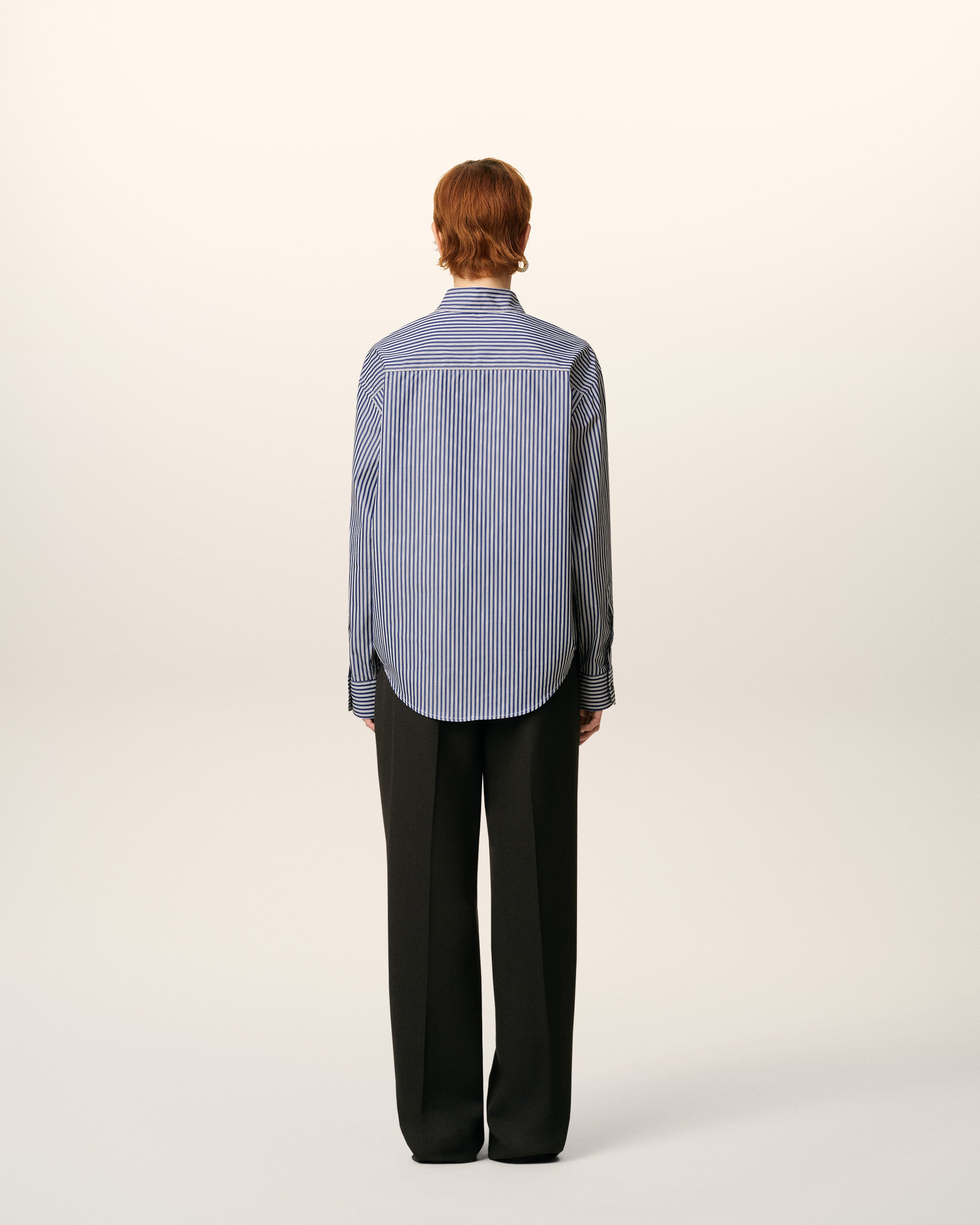 BLUE COTTON EMBOSSED STRIPED AMI DE COEUR BOXY SHIRT - 4