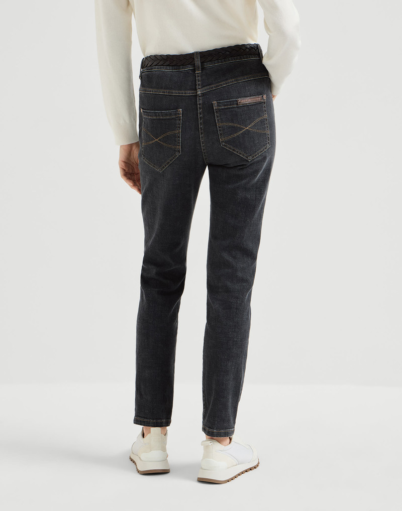 Brunello Cucinelli Stretch denim slim five-pocket trousers with shiny leather tab outlook