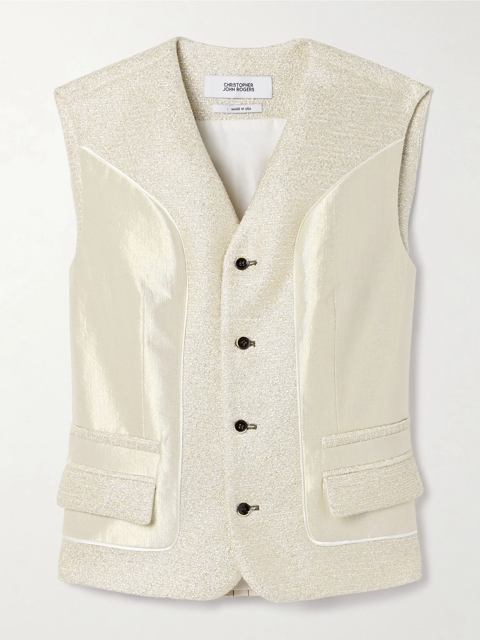Belted paneled metallic tweed, lamé and striped voile vest Beige - 1