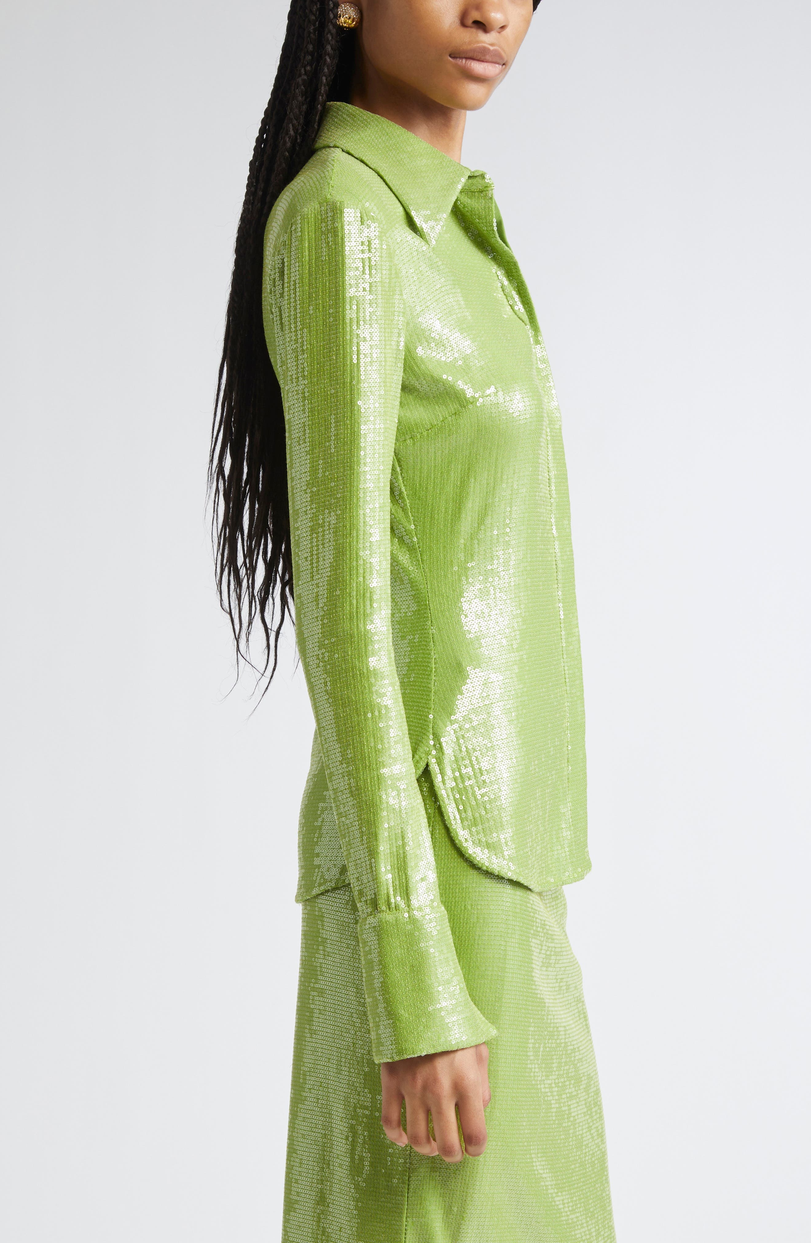 Oscar de la Renta Sequin Jersey Button-Up Shirt in Fern at Nordstrom - 4