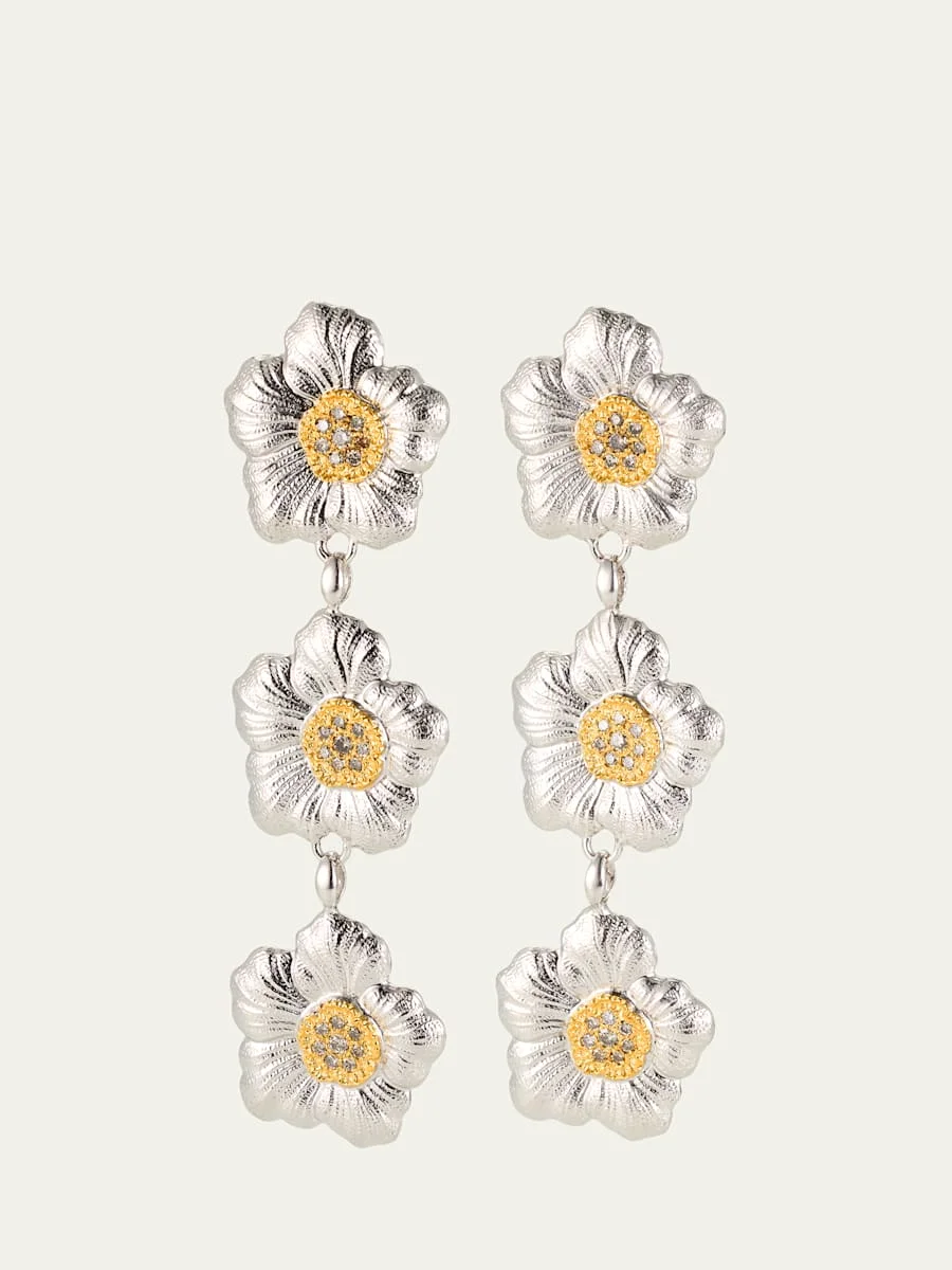 Blossoms Gardenia Sterling Silver and 18K Yellow Gold Diamond Triple Drop Earrings - 1