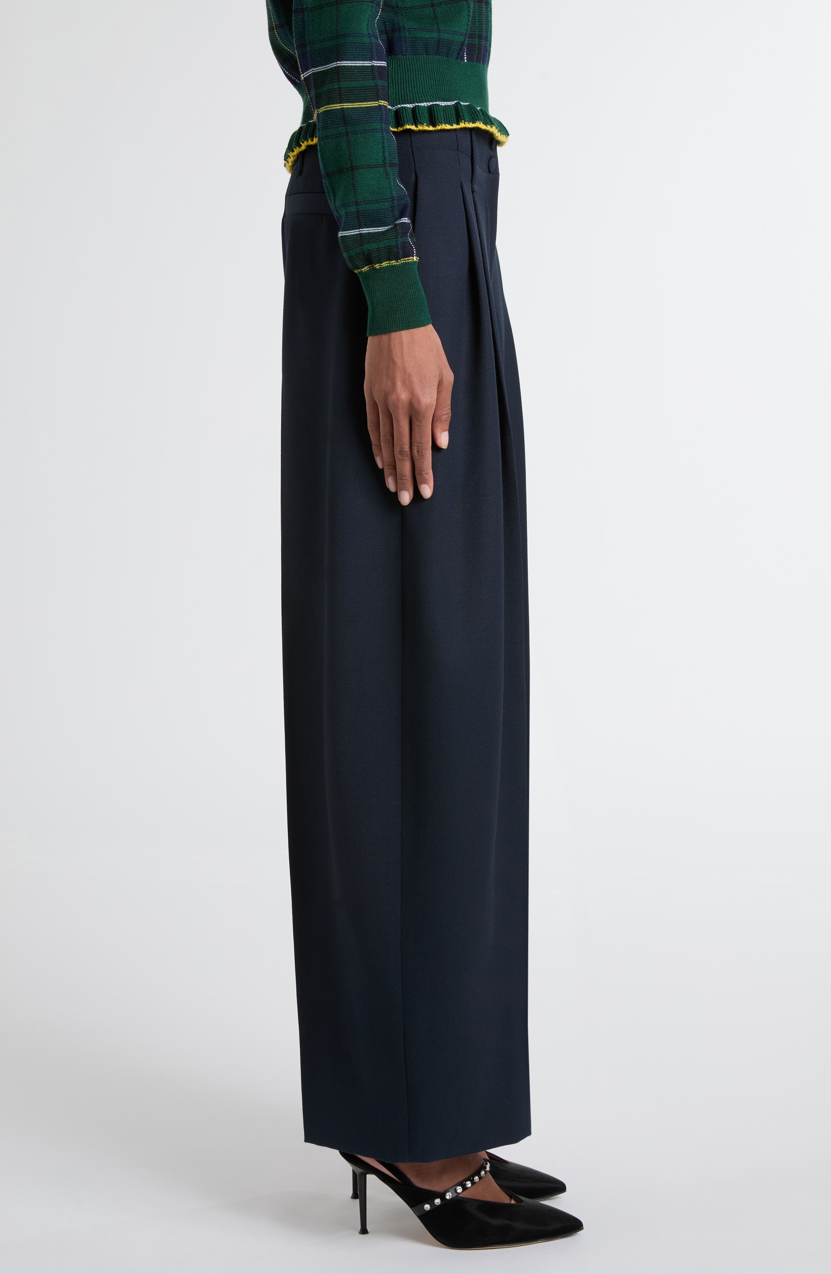 McQueen Pleated High Waist Wide Leg Tailored Wool Trousers in Navy at Nordstrom - 4