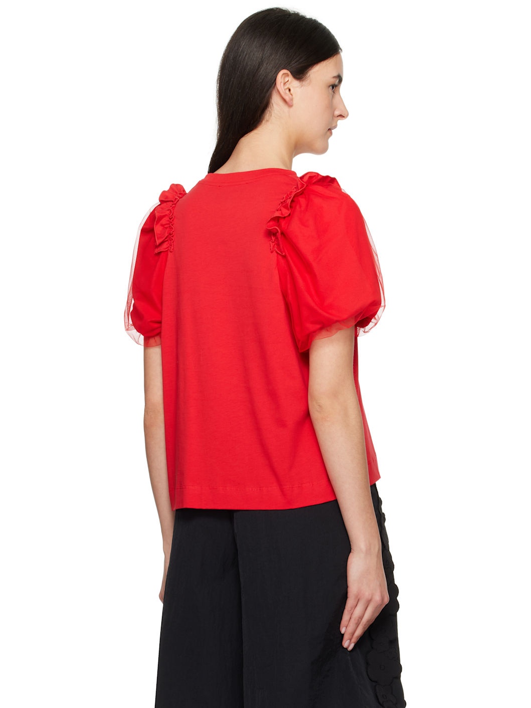 Red Tulle Overlay Puff Sleeve Frill T-shirt - 3