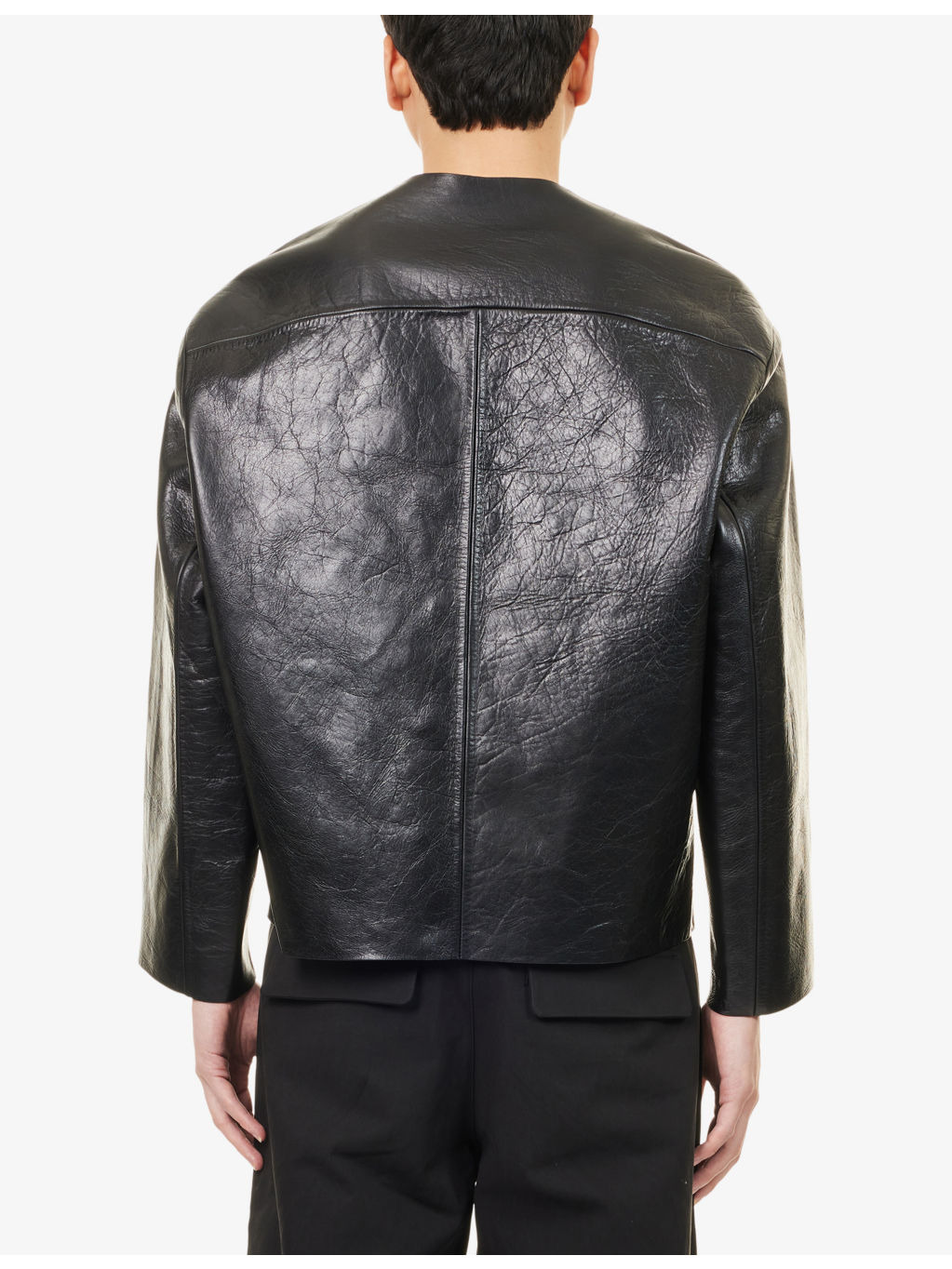 Minimal V-Neck Leather Jacket - 4
