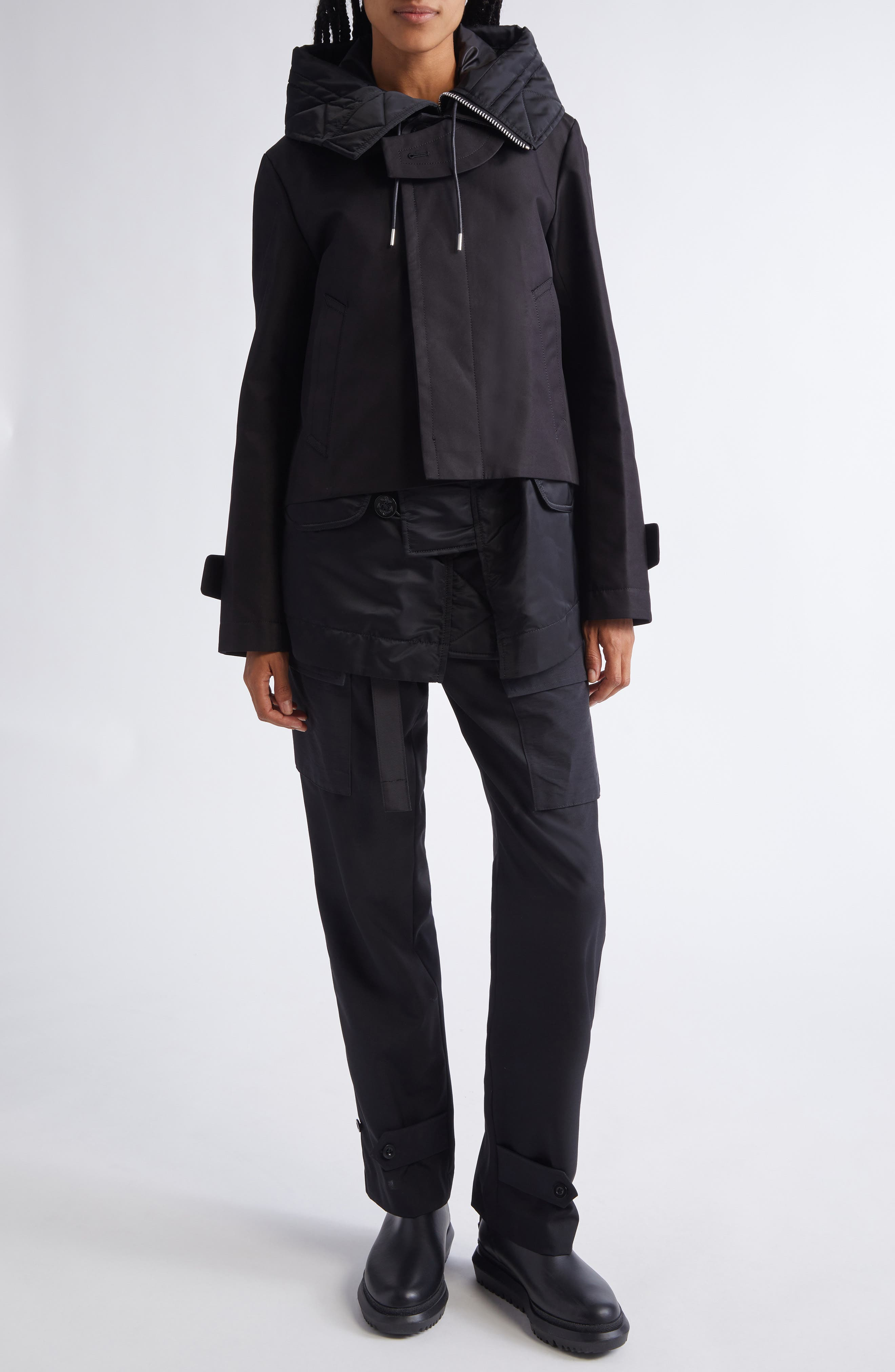 Sacai Hooded Mixed Media Jacket in Black at Nordstrom - 2
