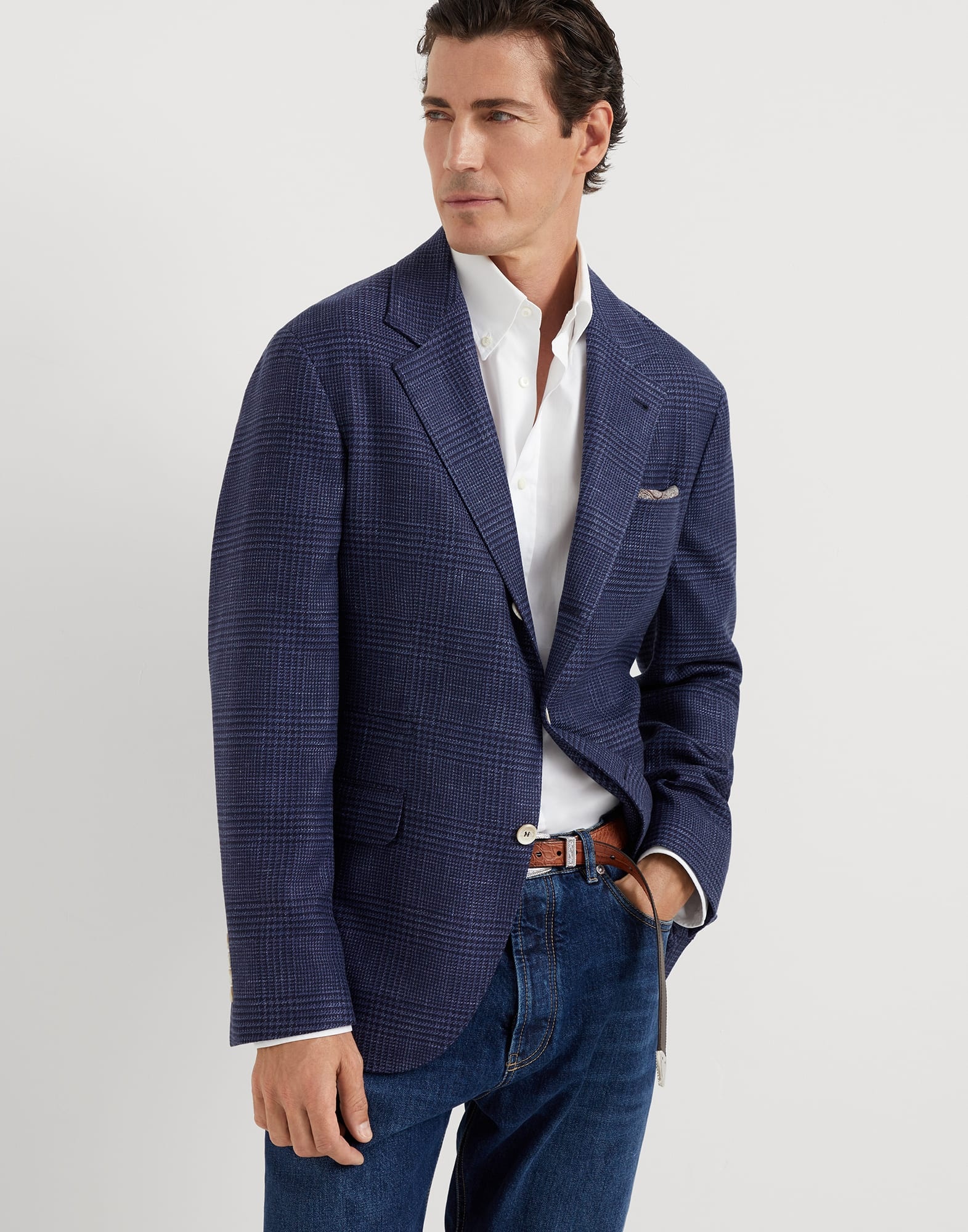 Comfort wool, silk and linen Prince of Wales deconstructed blazer - 1